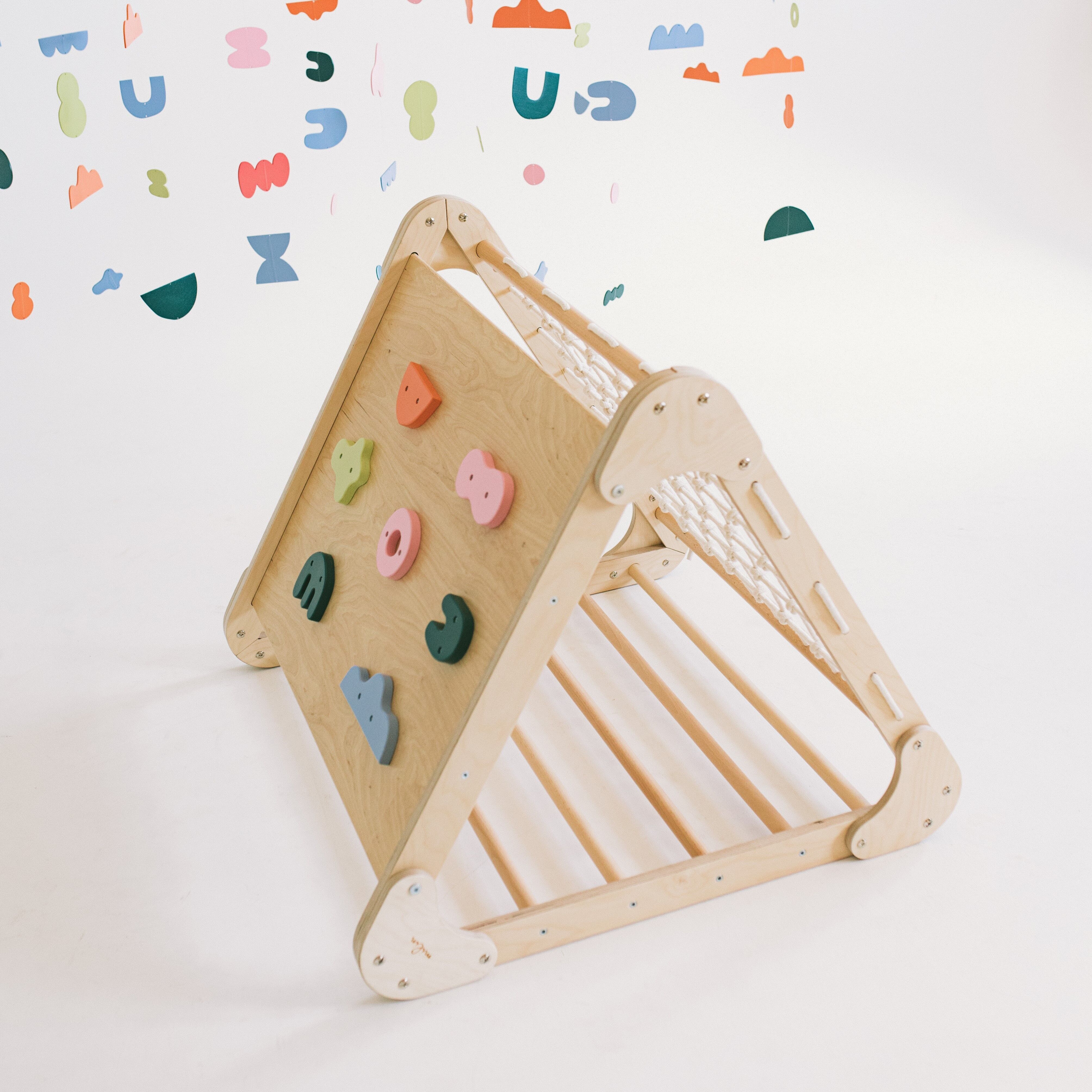 Triángulo de escalada triple 3 en 1, juego de madera para niños pequeños en interiores, pirámide Montessori infantil, triángulo de tres lados, pared de escalada, red de cuerda