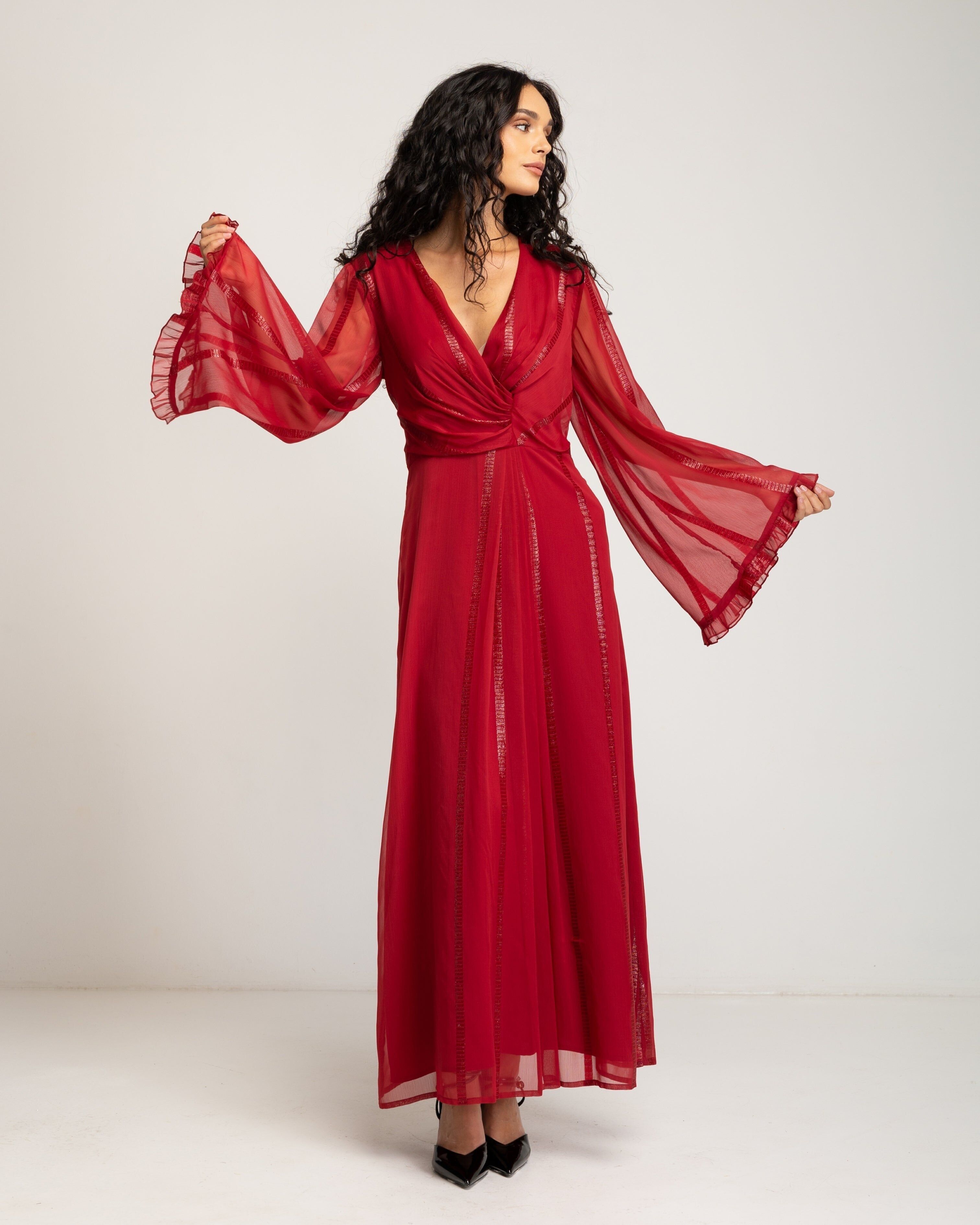 Coralina langärmliges rotes langes Kleid