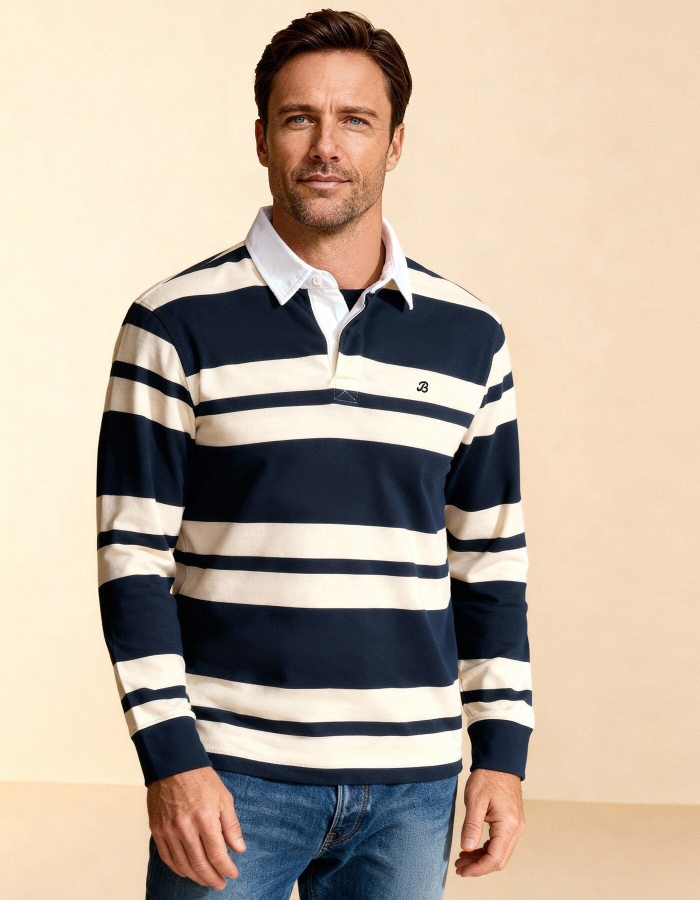 Maglia da rugby blu navy con strisce color crema