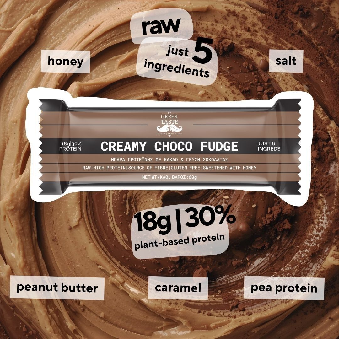 Barre protéinée crue sans gluten au chocolat crémeux et au fudge 30 % – myGreekTaste – 60 g