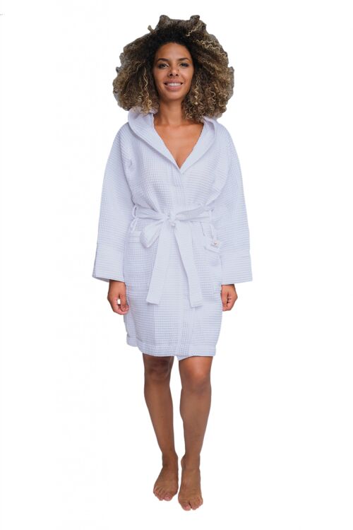 Hooded bathrobe from waffle fabric white