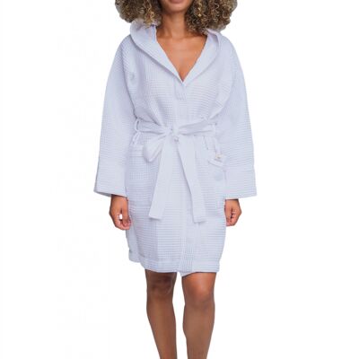 Hooded bathrobe from waffle fabric white