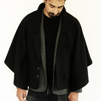 Taillierter Cape-Mantel 'Charlie' aus schwarzer Wolle, 3er-Pack