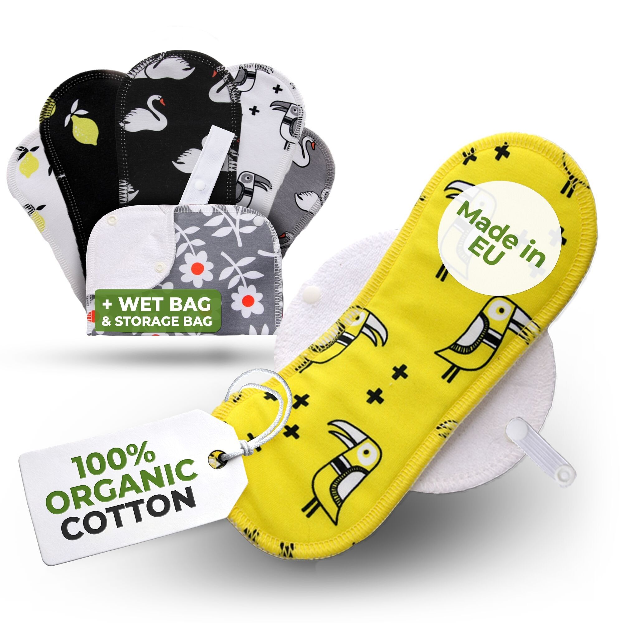 Wiederverwendbare Menstruationsbinden aus Baumwolle mit Flügeln, 6er-Pack (Größen S und M) – Zitronen (weiße Flügel)