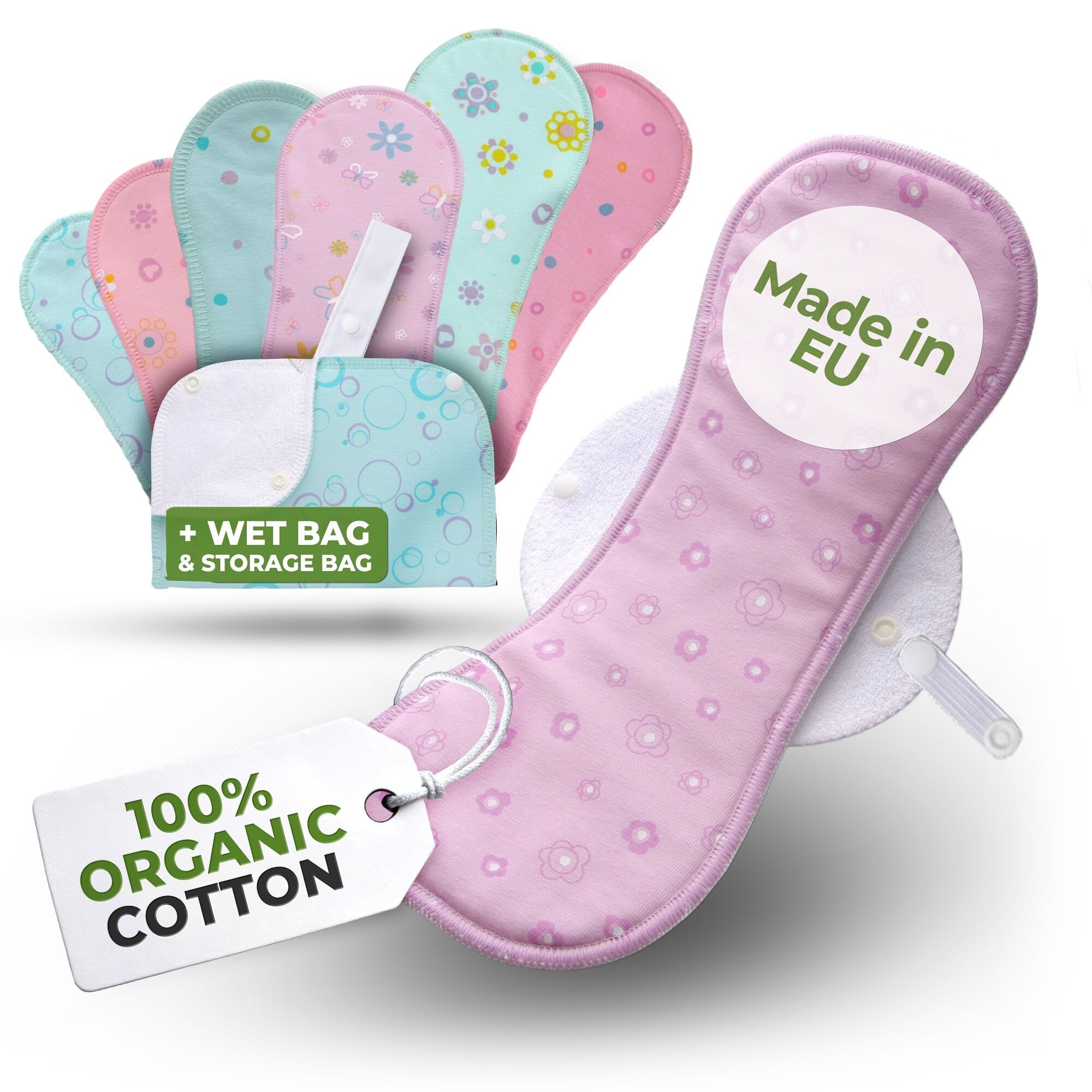 Wiederverwendbare Menstruationsbinden aus Bio-Baumwolle mit Flügeln, Multipack (Größen S, M, L, XL) – Pastell (weiße Flügel)