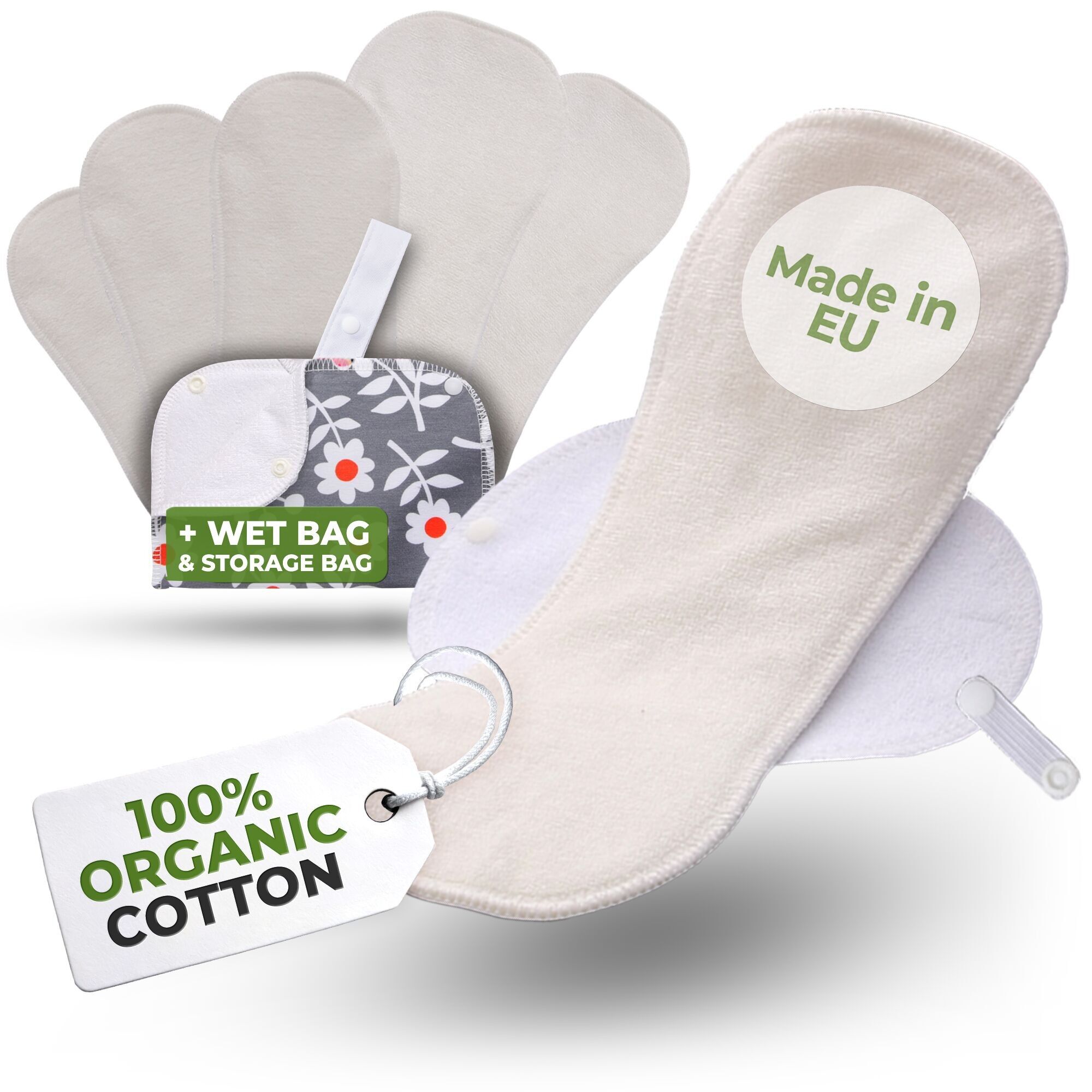 Zertifizierte wiederverwendbare Menstruationsbinden aus Bambus mit Flügeln, 6er-Pack (Größen L und XL) – Natur (weiße Flügel)