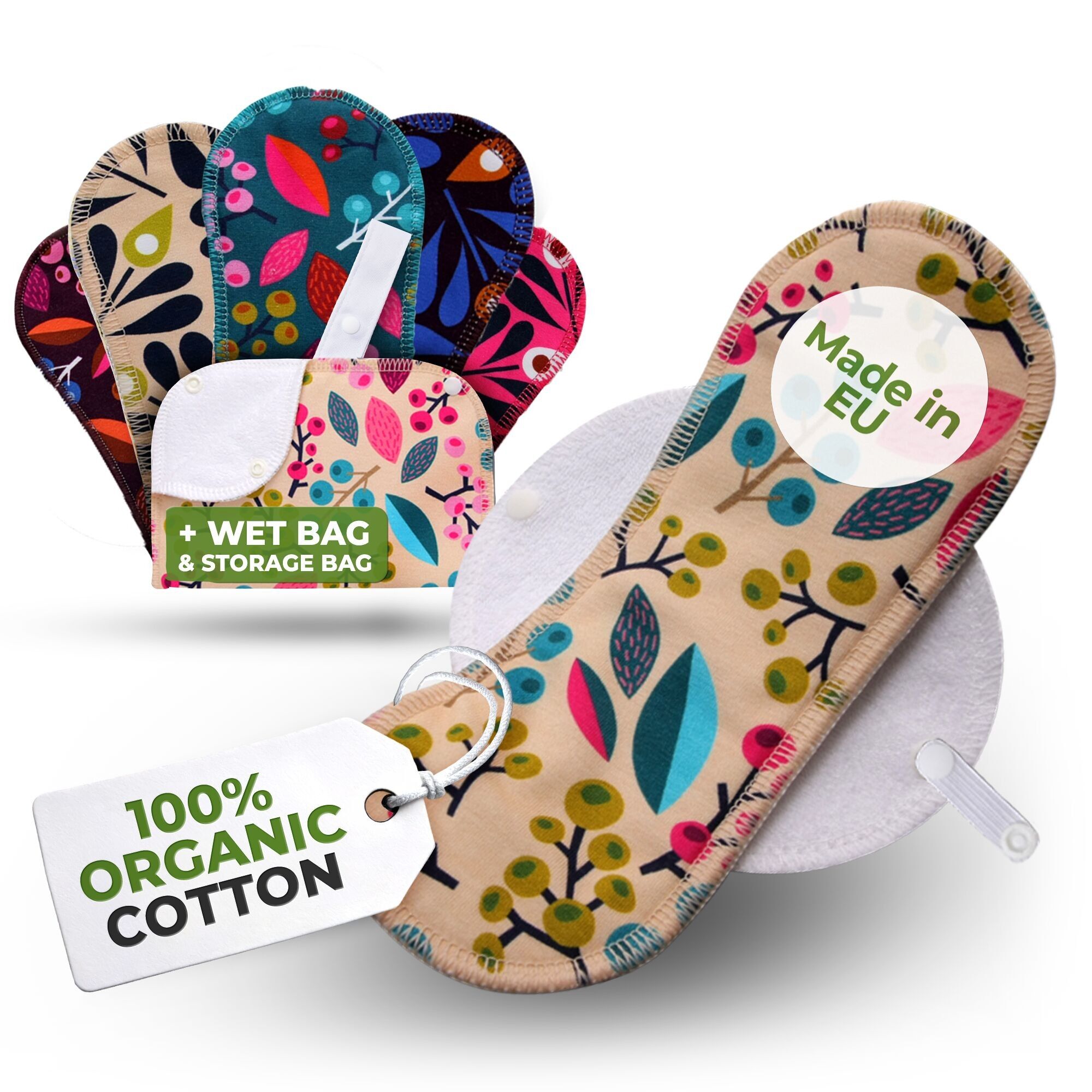 Wiederverwendbare Menstruationsbinden aus Bio-Baumwolle mit Flügeln, 6er-Pack (Größen S und M) – Trauben & Pfau (weiße Flügel)