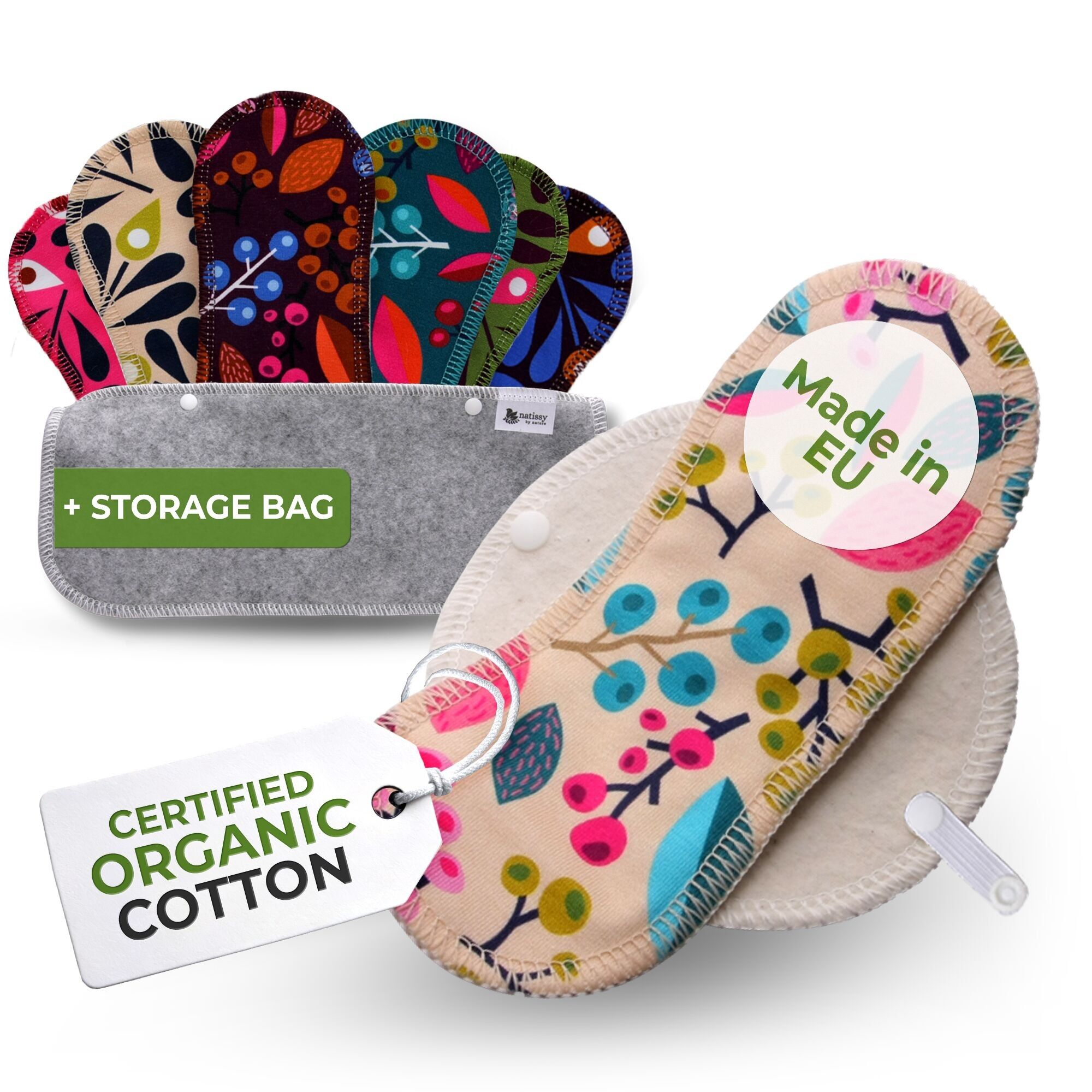 Wiederverwendbare Slipeinlagen aus Bio-Baumwolle mit Flügeln, 7er-Pack (normaler Ausfluss) – Trauben & Pfau (weiße Flügel)