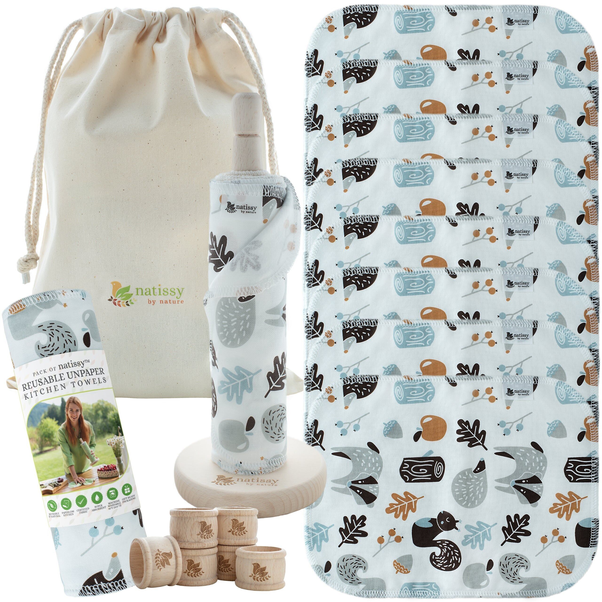 Wiederverwendbare papierlose Küchentücher, zertifizierte Baumwolle, 10er-Rolle – Forest Walk