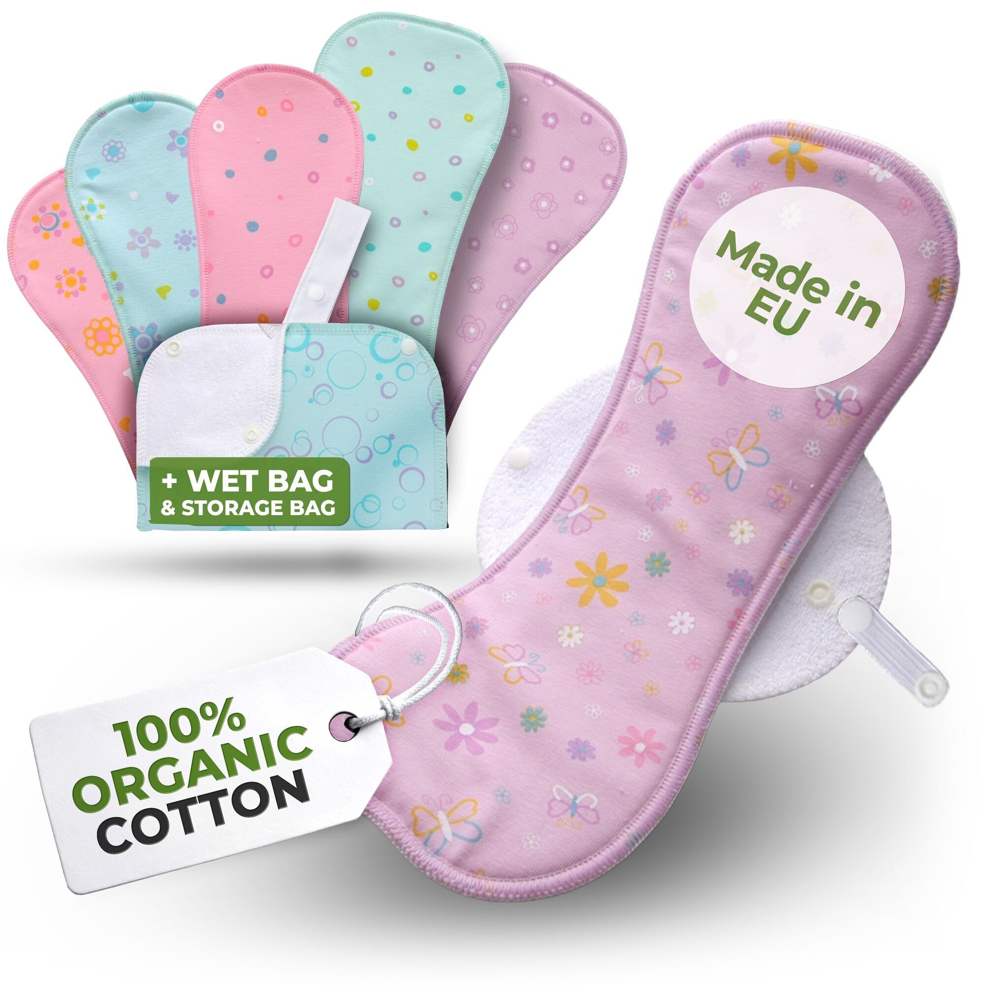 Wiederverwendbare Menstruationsbinden aus Bio-Baumwolle mit Flügeln, 6er-Pack (Größen L und XL) – Pastell (weiße Flügel)