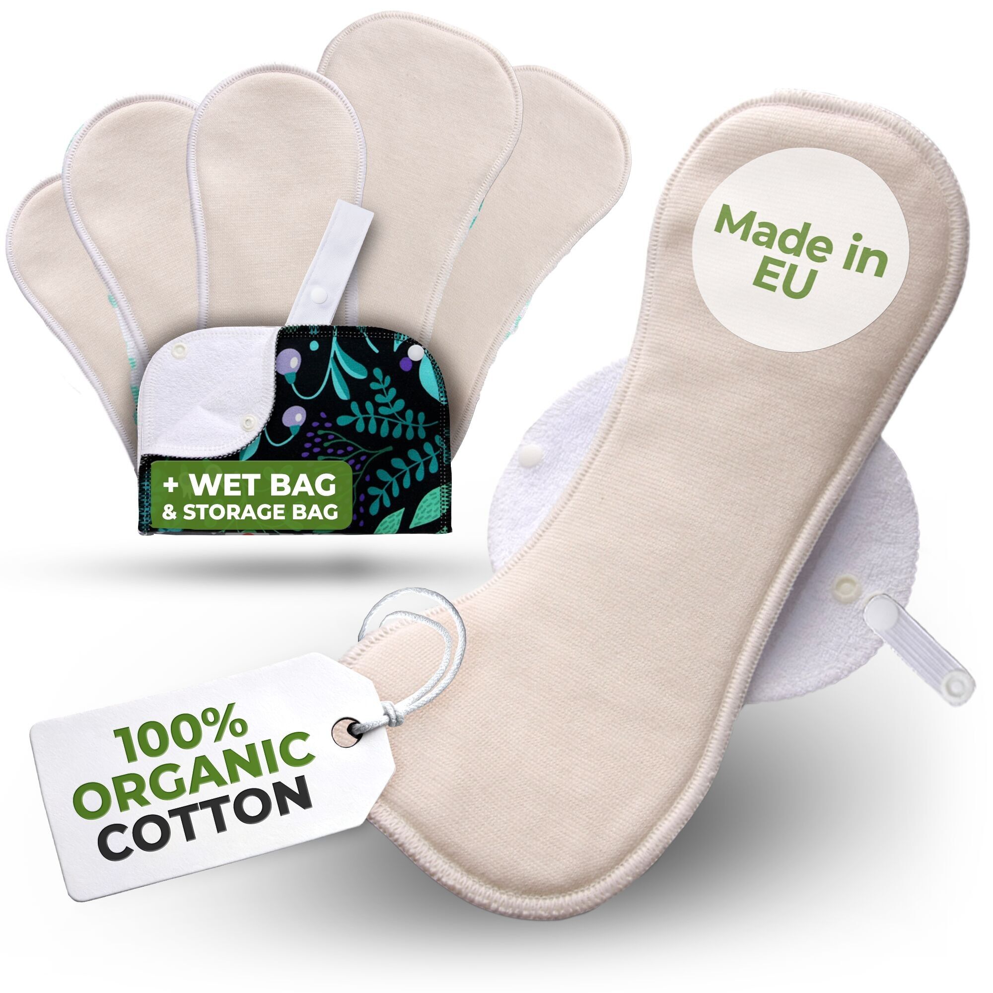 Wiederverwendbare Menstruationsbinden aus Bio-Baumwolle mit Flügeln, 6er-Pack (Größen L und XL) – Natürlich, ungebleicht (weiße Flügel)