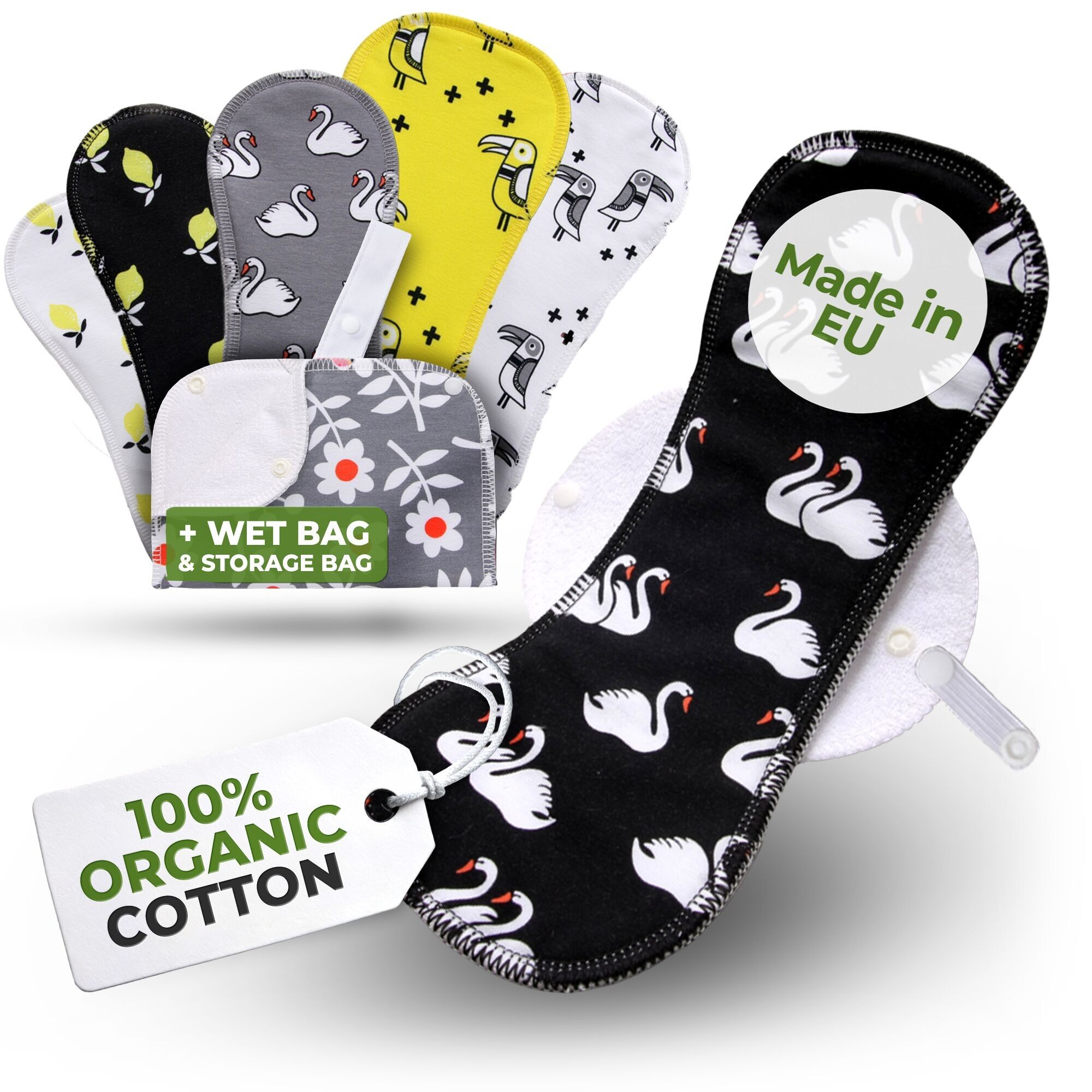 Wiederverwendbare Menstruationsbinden aus Bio-Baumwolle mit Flügeln, 6er-Pack (Größen L und XL) – Zitronen (weiße Flügel)