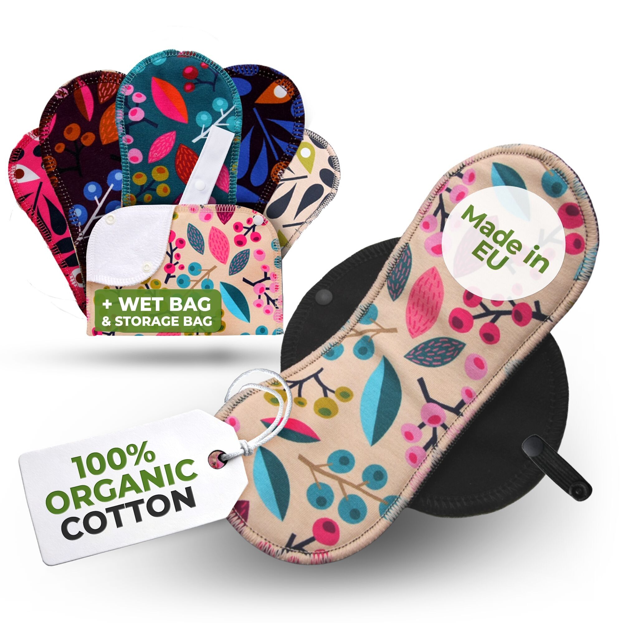 Wiederverwendbare Menstruationsbinden aus Bio-Baumwolle mit Flügeln, 6er-Pack (Größen S und M) – Trauben & Pfau (schwarze Flügel)