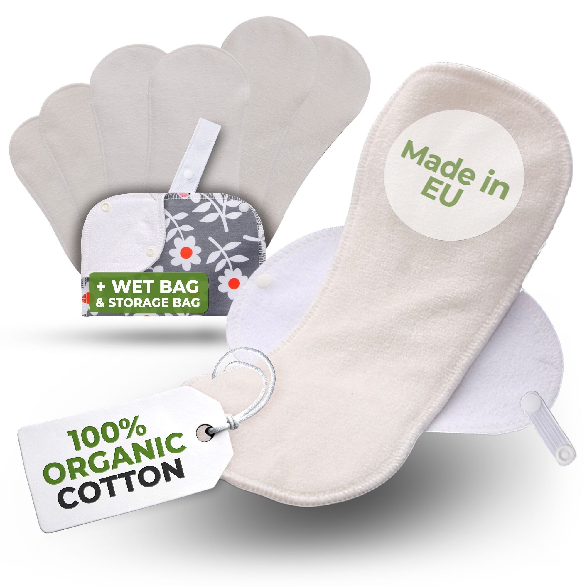 Zertifizierte wiederverwendbare Menstruationsbinden aus Bambus mit Flügeln, Multipack (Größen S, M, L, XL) – Natur (weiße Flügel)