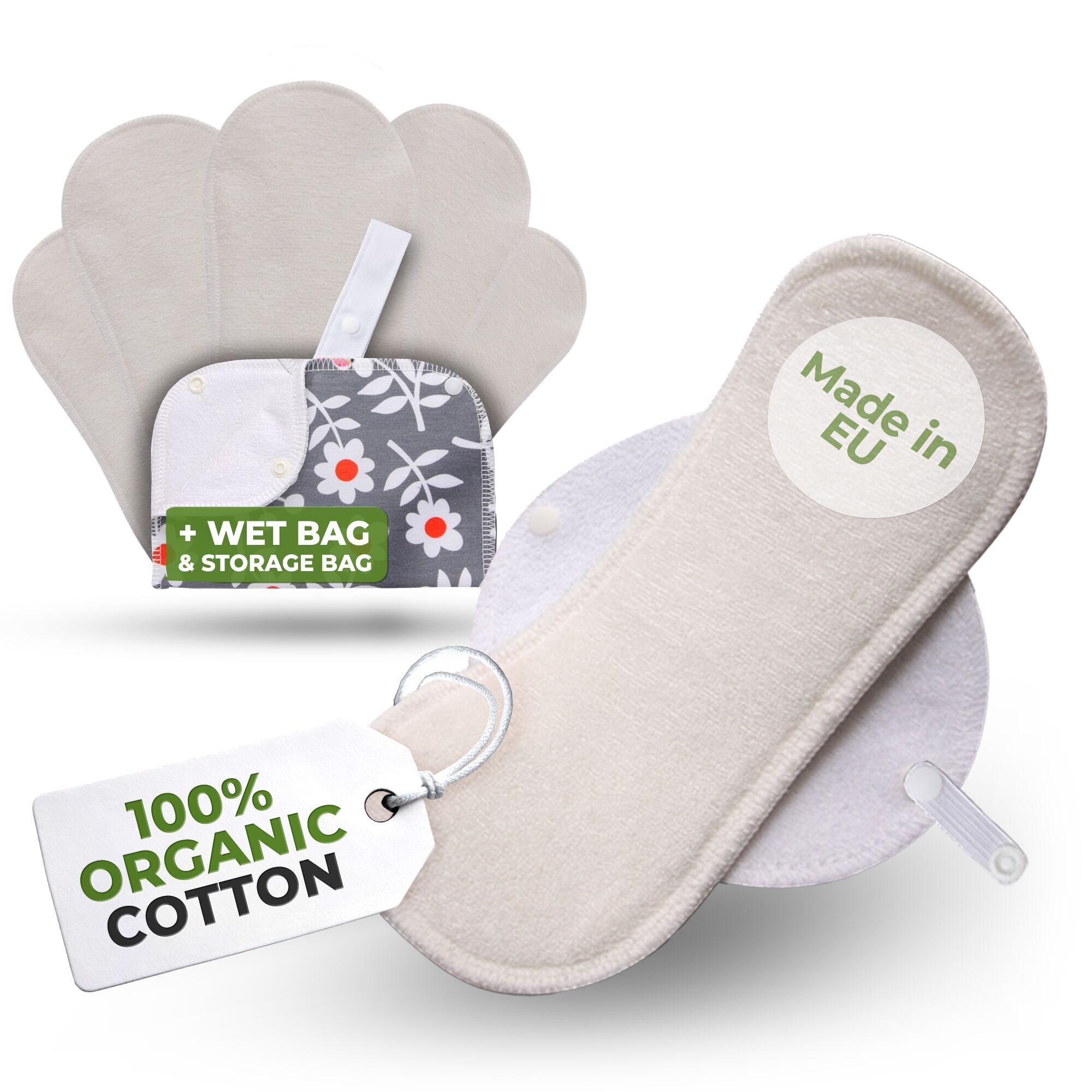 Zertifizierte wiederverwendbare Menstruationsbinden aus Bambus mit Flügeln, 6er-Pack (Größen S und M) – Natur (weiße Flügel)