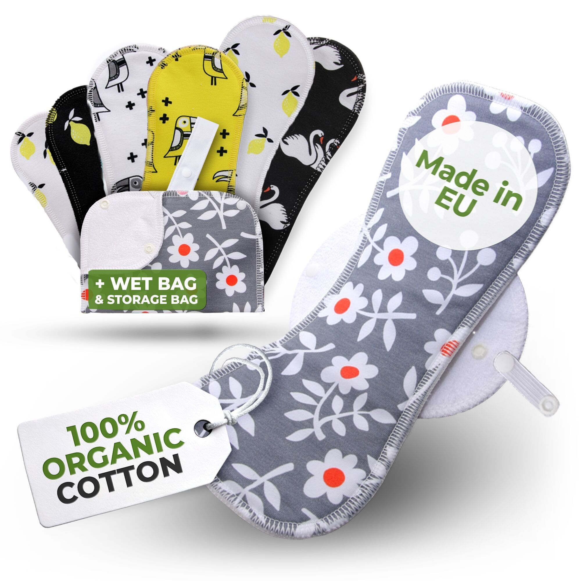 Wiederverwendbare Menstruationsbinden aus Bio-Baumwolle mit Flügeln, Multipack (Größen S, M, L, XL) – Zitronen (weiße Flügel)