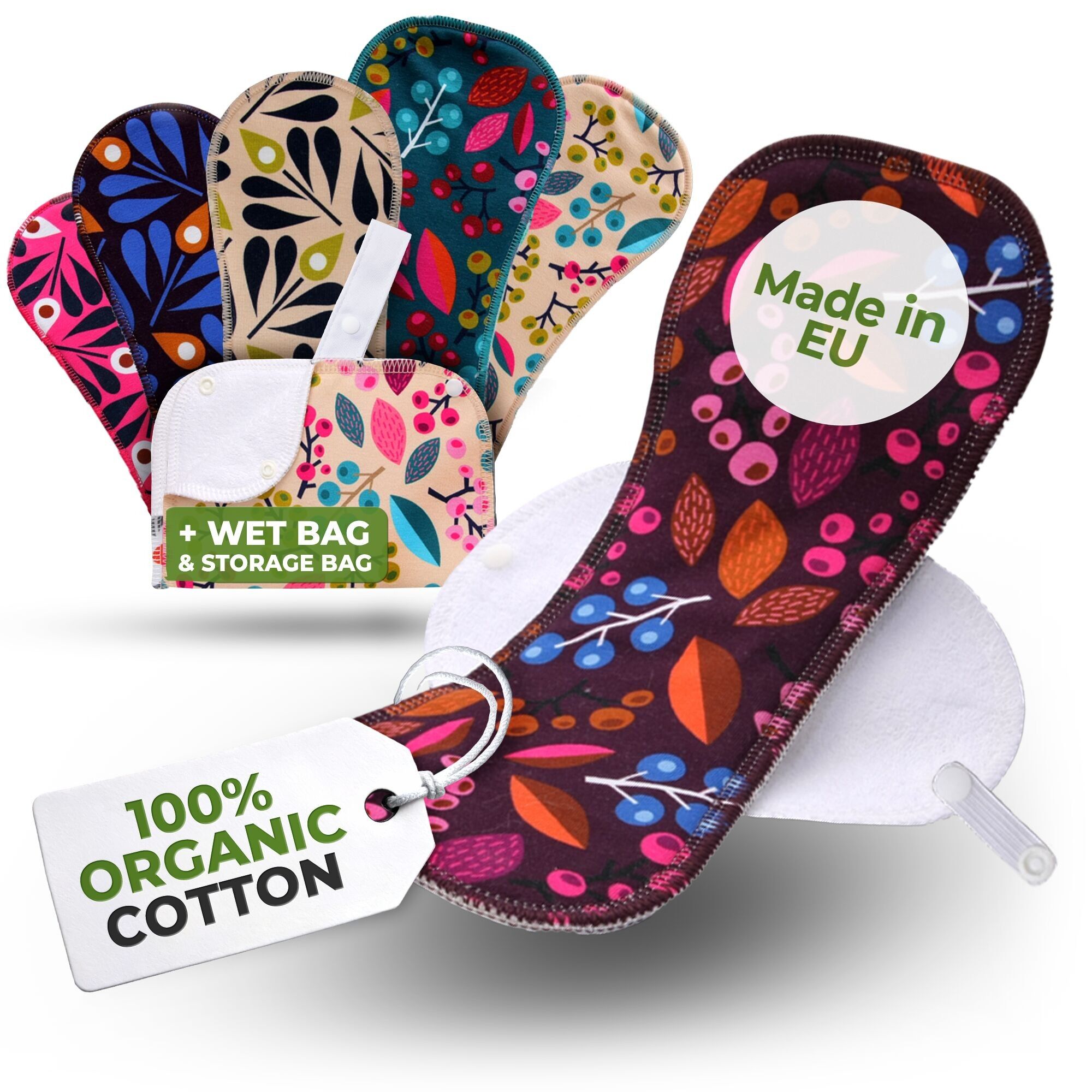 Wiederverwendbare Menstruationsbinden aus Bio-Baumwolle mit Flügeln, 6er-Pack (Größen L und XL) – Trauben und Pfau (weiße Flügel)