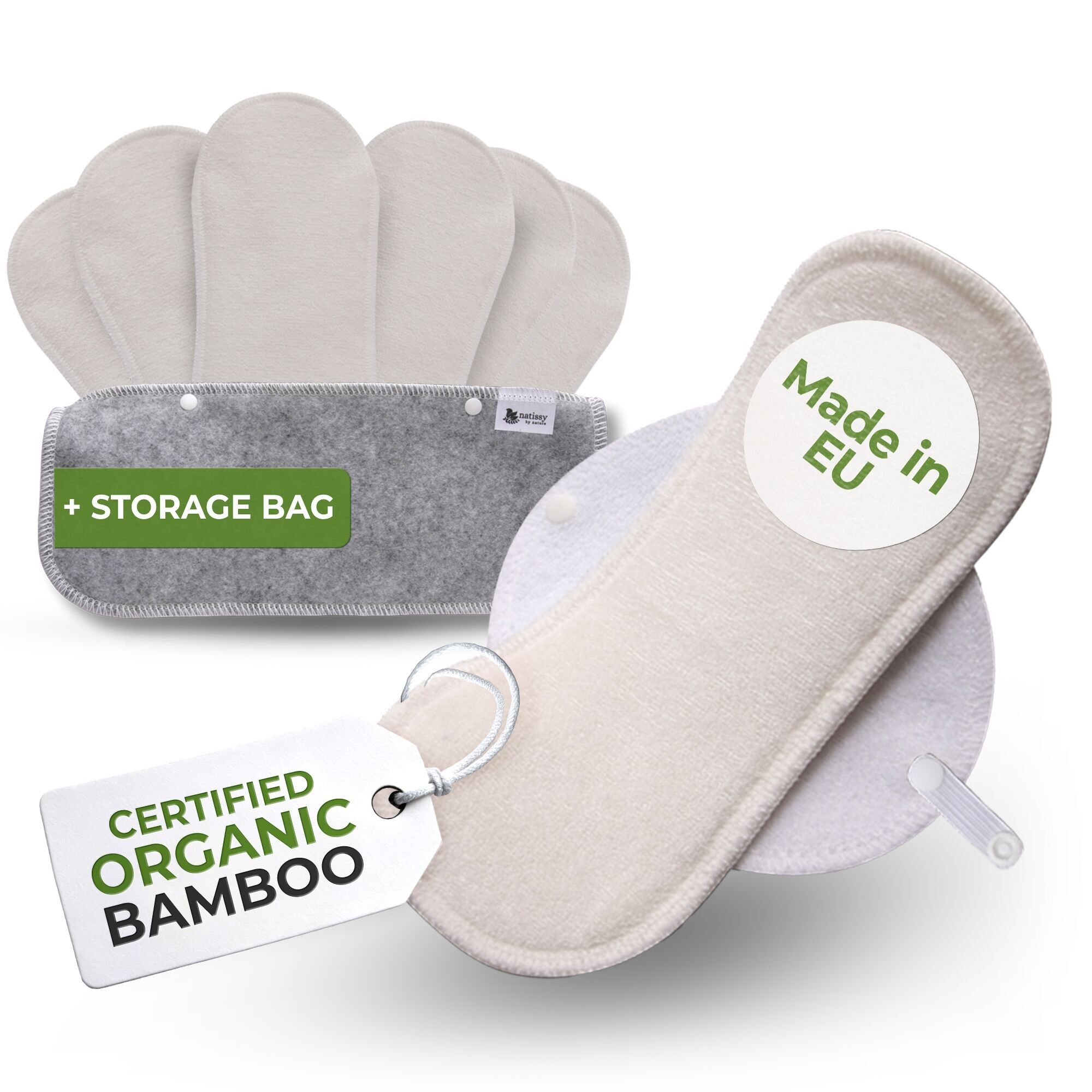 Zertifizierte wiederverwendbare Slipeinlagen aus Bambus mit Flügeln, 7er-Pack (normaler Ausfluss) – Natur (weiße Flügel)