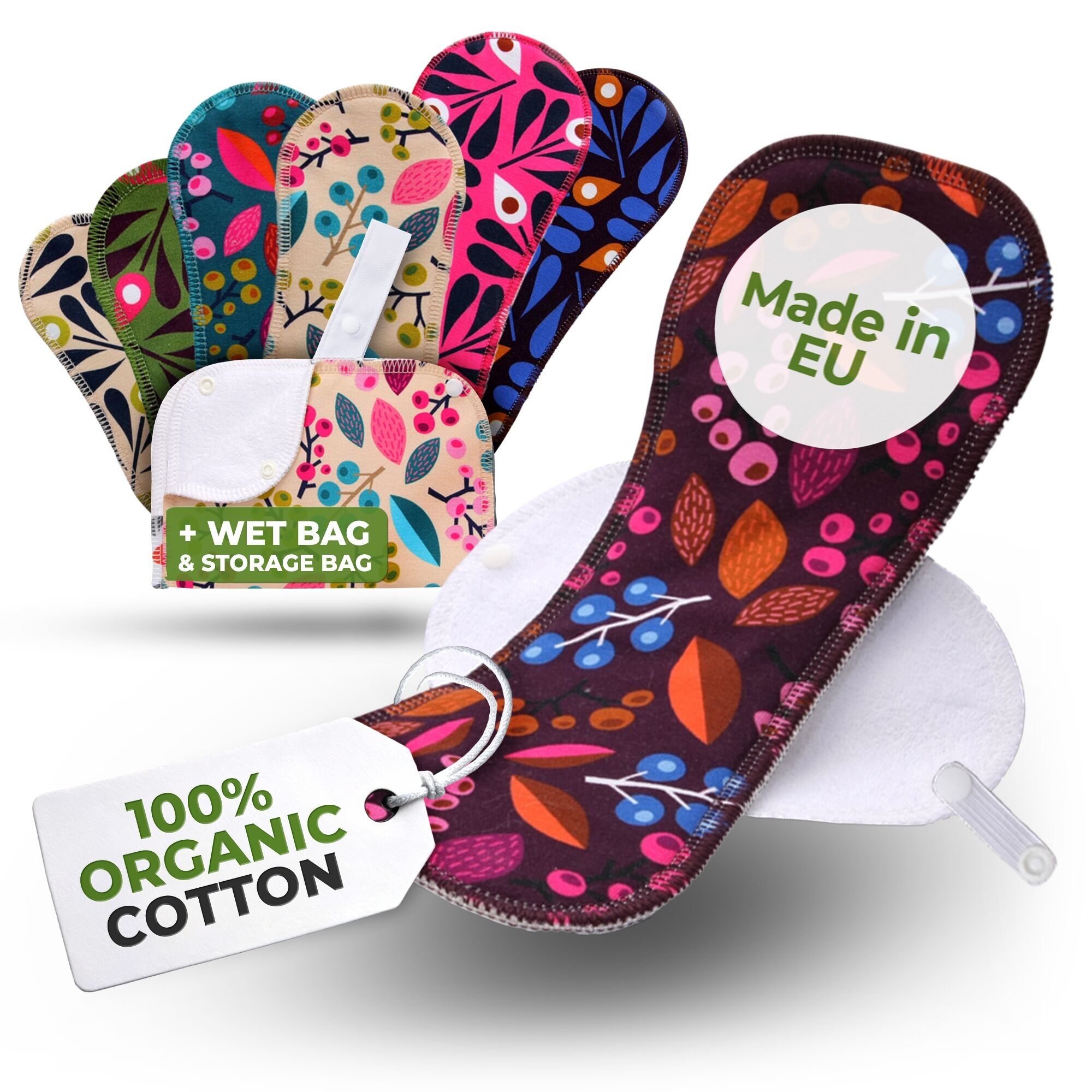 Wiederverwendbare Menstruationsbinden aus Bio-Baumwolle mit Flügeln, Multipack (Größen S, M, L, XL) – Trauben & Pfau (weiße Flügel)