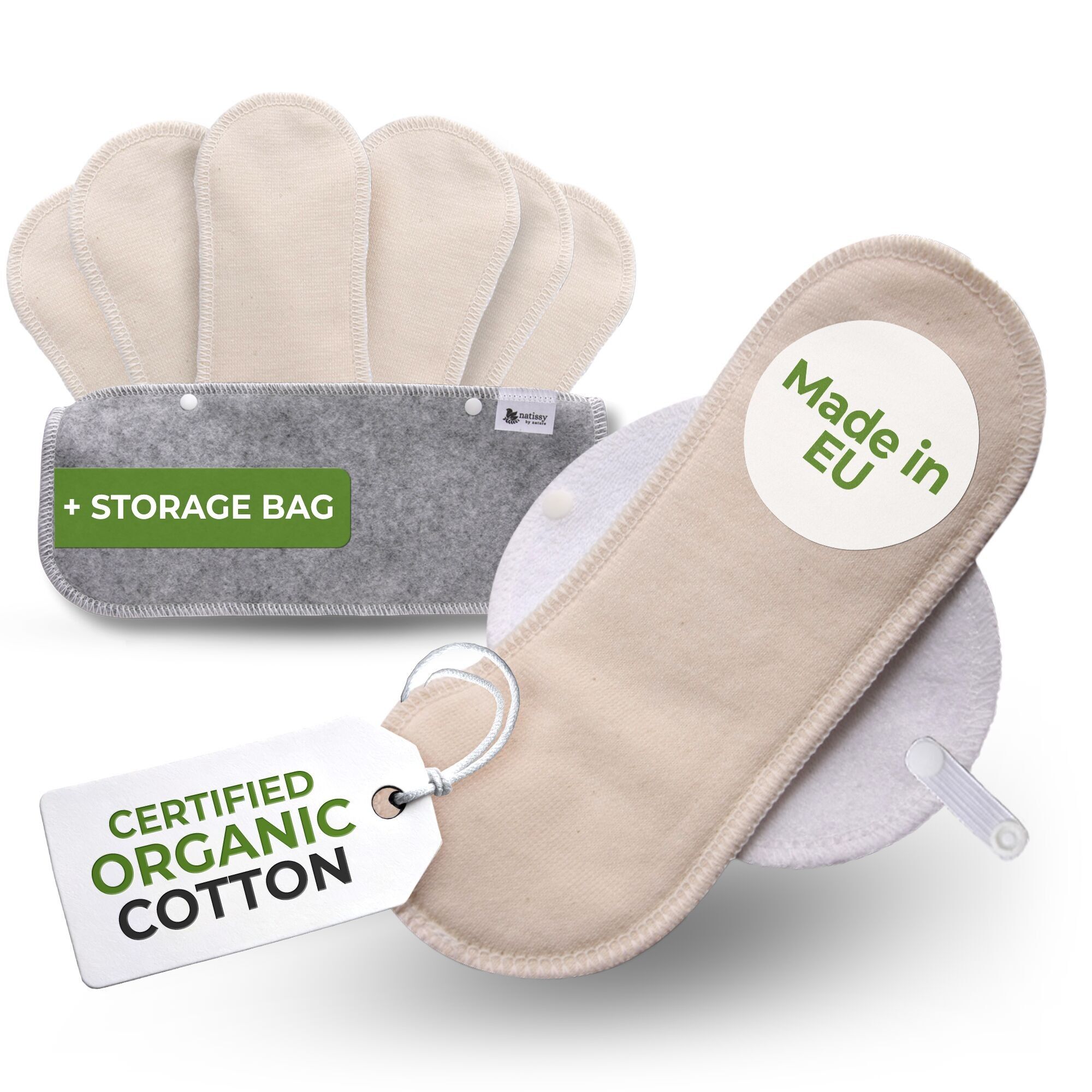 Wiederverwendbare Slipeinlagen aus Bio-Baumwolle mit Flügeln, 7er-Pack (normaler Ausfluss) – Natürlich, ungebleicht (weiße Flügel)