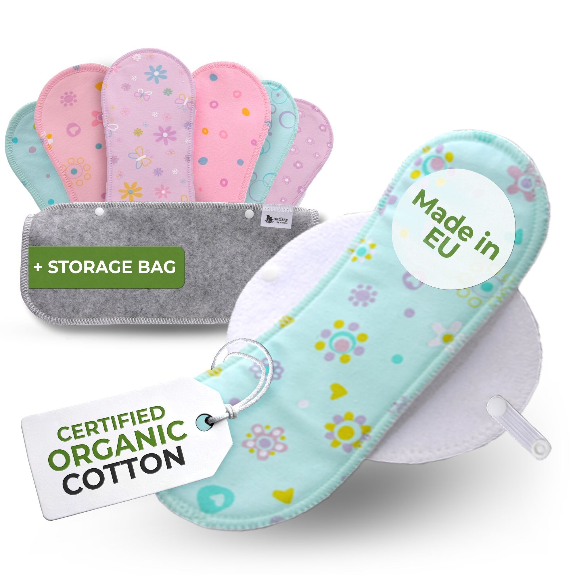 Wiederverwendbare Slipeinlagen aus Bio-Baumwolle mit Flügeln, 7er-Pack (normaler Ausfluss) – Pastell (weiße Flügel)
