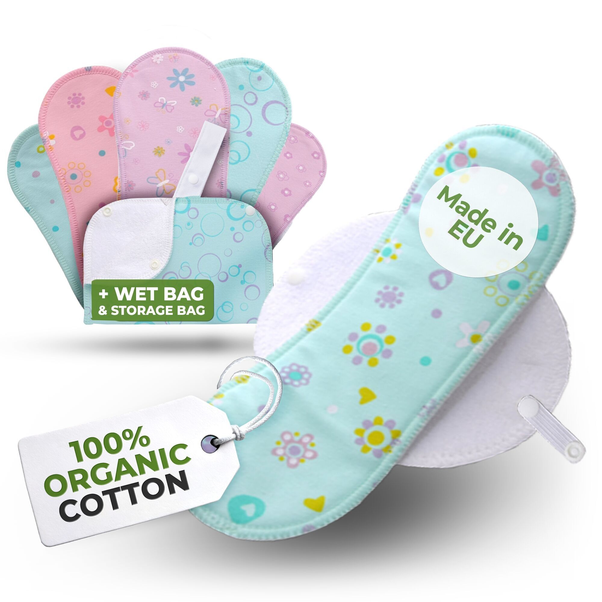 Wiederverwendbare Menstruationsbinden aus Bio-Baumwolle mit Flügeln, 6er-Pack (Größen S und M) – Pastell (weiße Flügel)