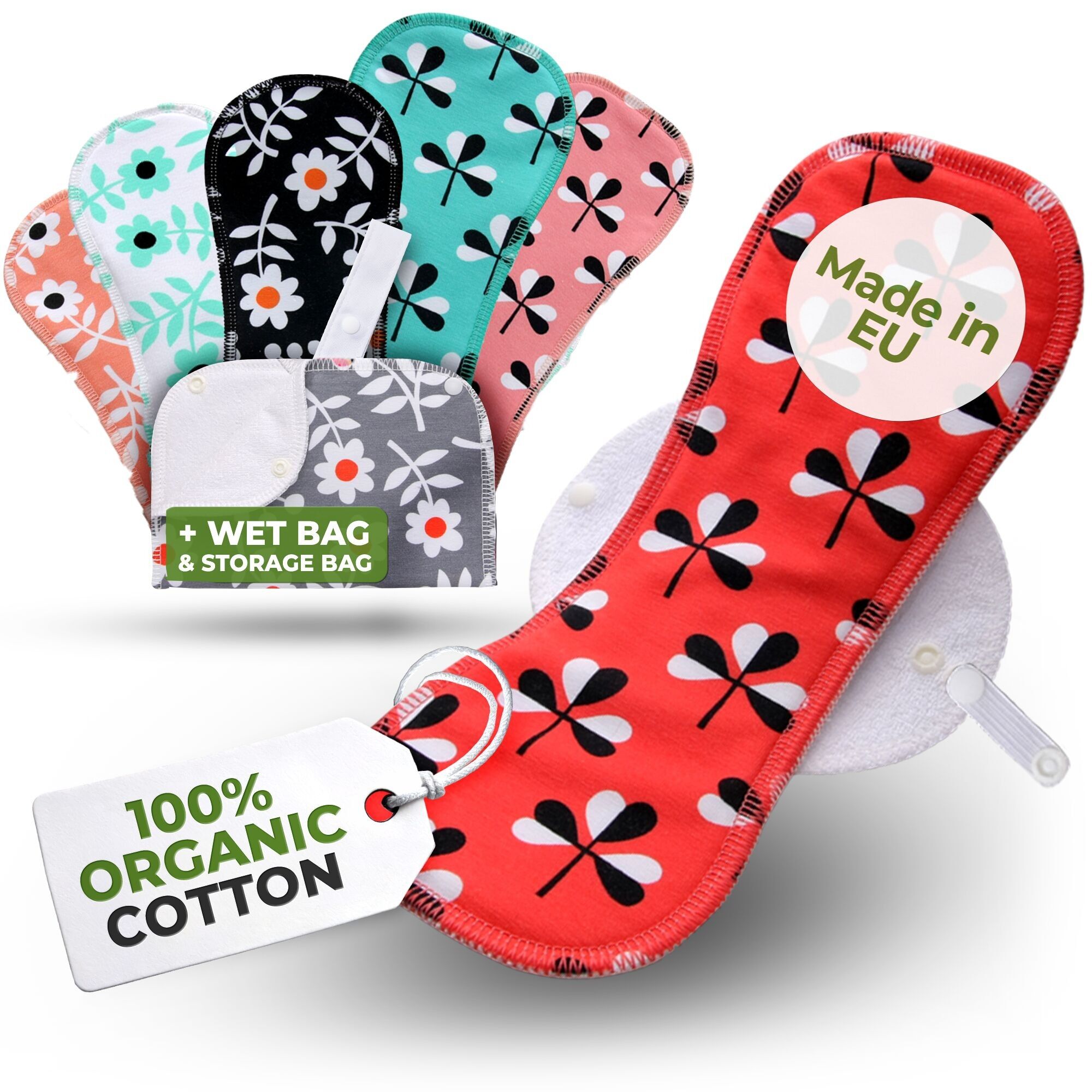 Wiederverwendbare Menstruationsbinden aus Bio-Baumwolle mit Flügeln, 6er-Pack (Größen L und XL) – Blumen (weiße Flügel)