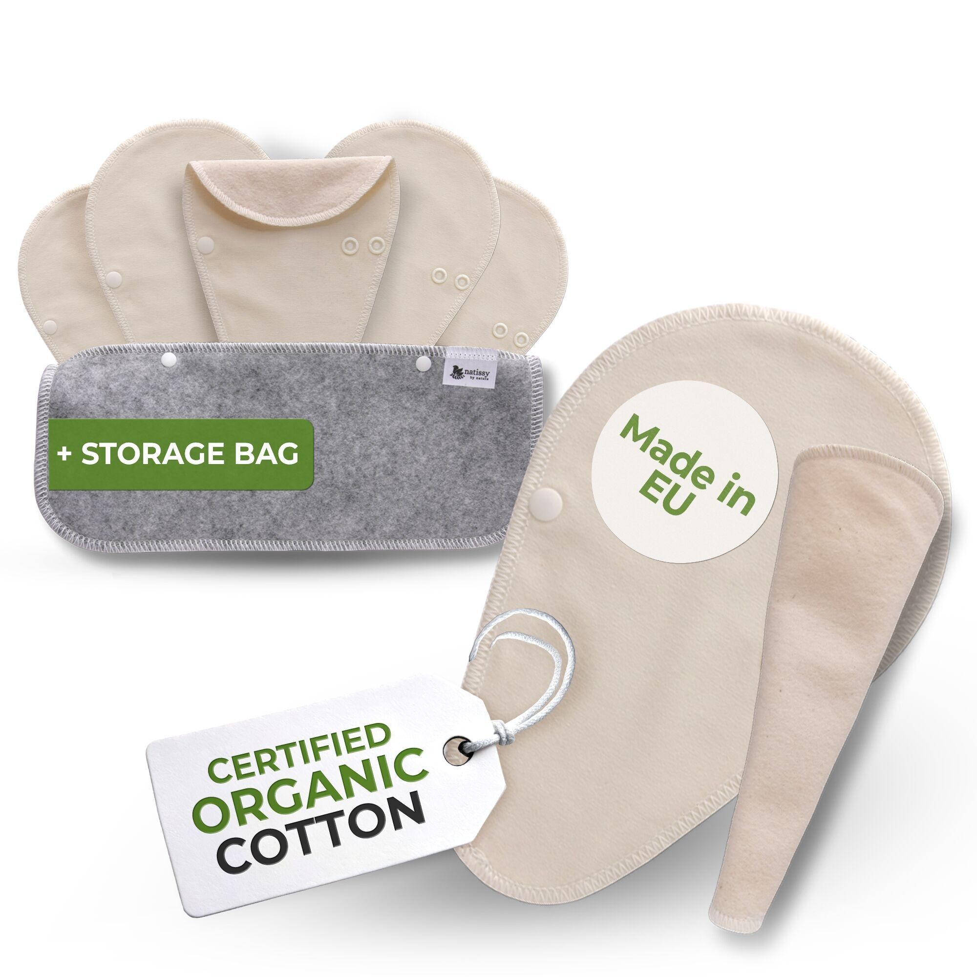 Wiederverwendbare TANGA Slipeinlagen aus Bio-Baumwolle mit Flügeln 7er-Pack - Natur ungebleicht (weiße Flügel)