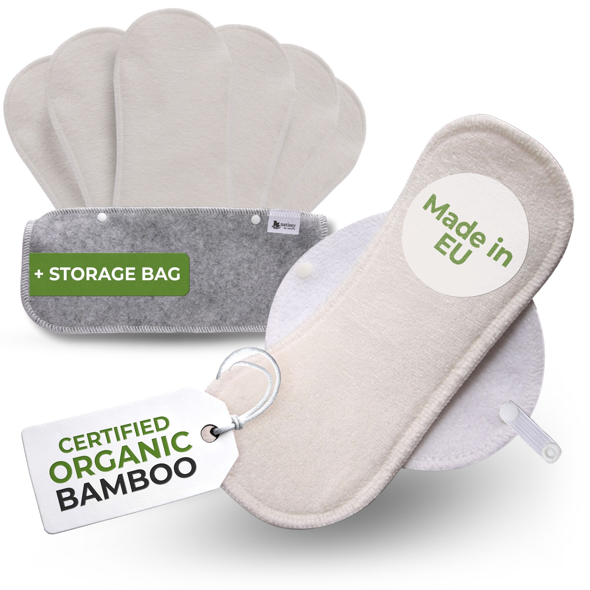Zertifizierte wiederverwendbare Slipeinlagen aus Bambus mit Flügeln, 7er-Pack (starker Ausfluss) – Natur (weiße Flügel)