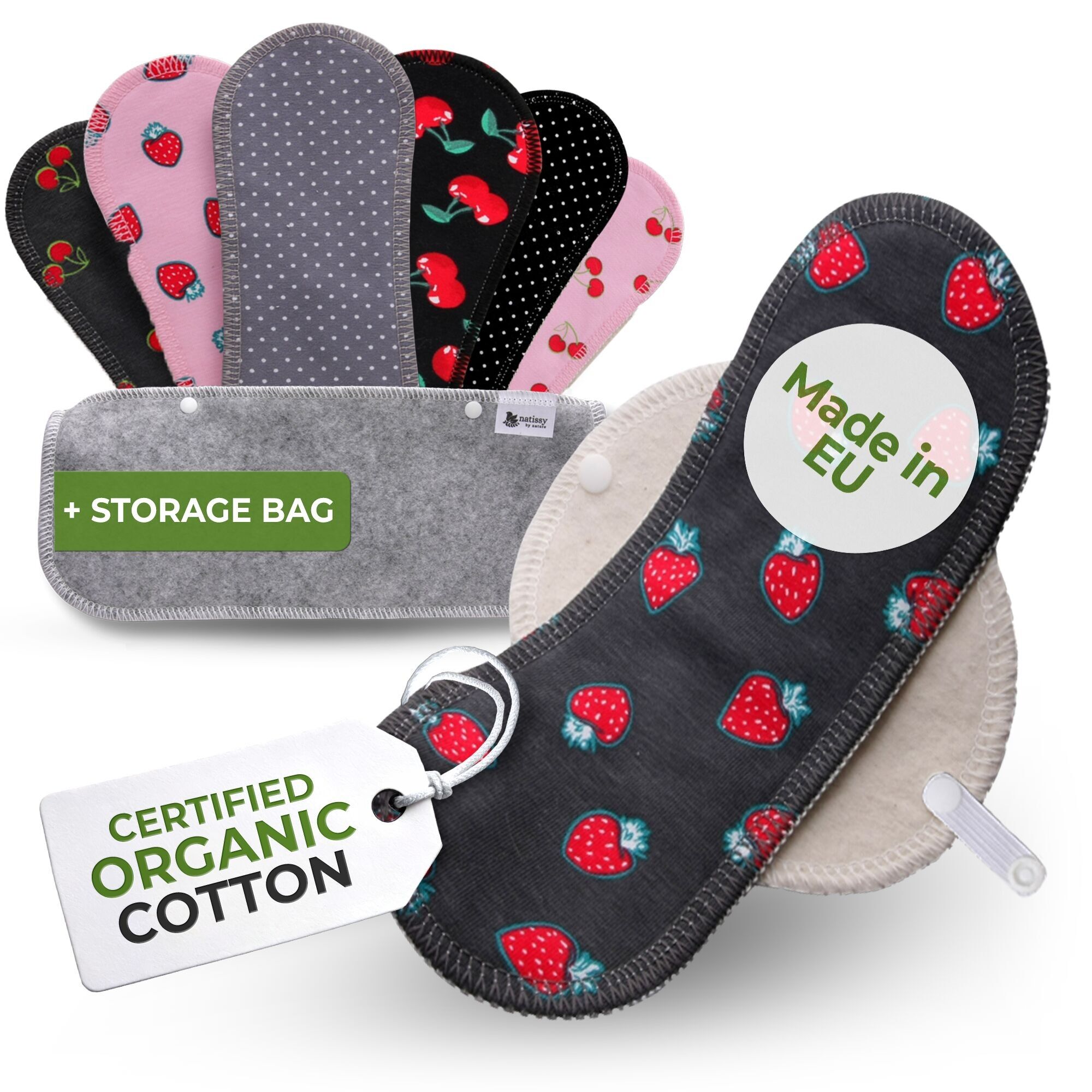 Wiederverwendbare Slipeinlagen aus Bio-Baumwolle mit Flügeln, 7er-Pack (starker Ausfluss) – Fruchtig (weiße Flügel)