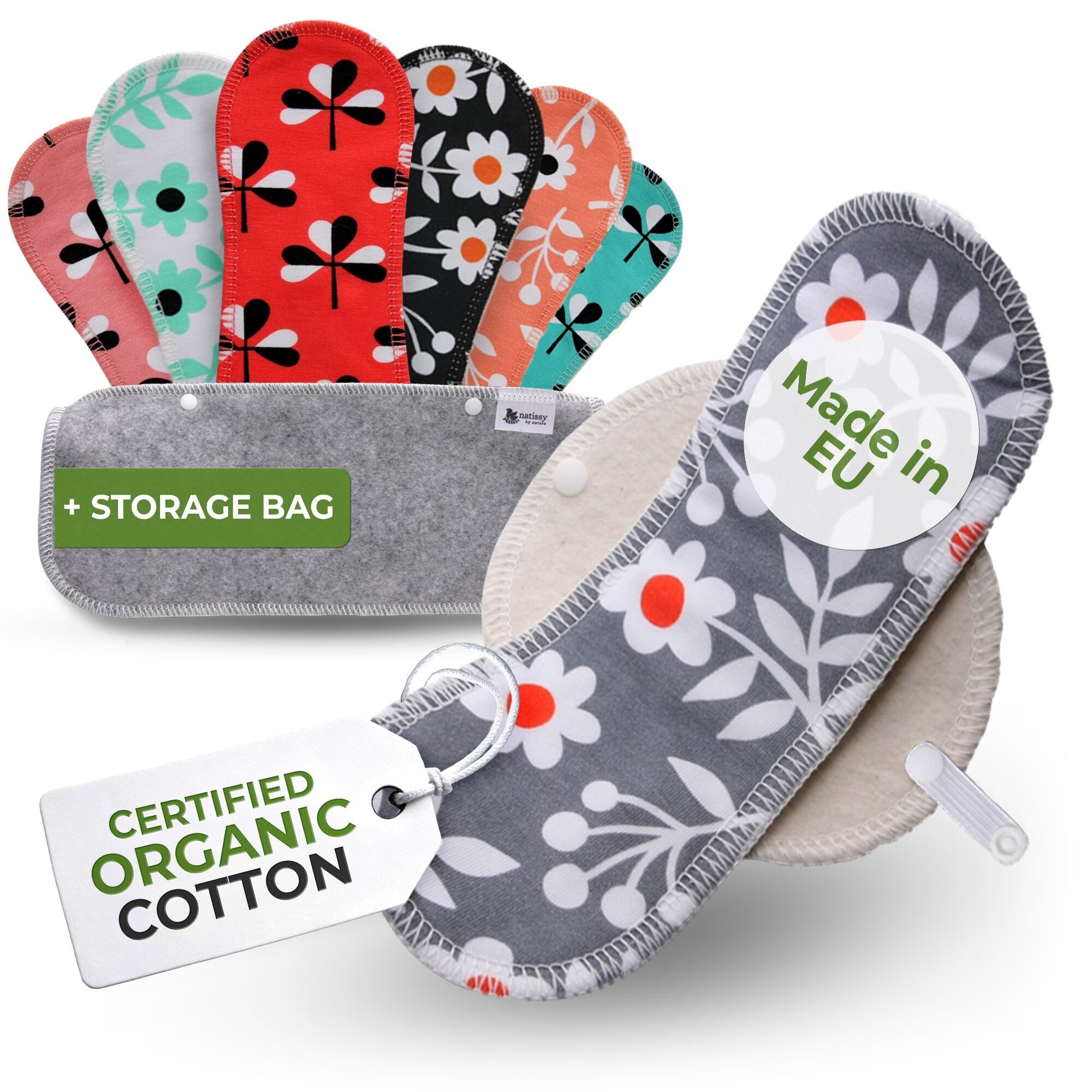 Wiederverwendbare Slipeinlagen aus Bio-Baumwolle mit Flügeln, 7er-Pack (starker Ausfluss) – Blumen (weiße Flügel)