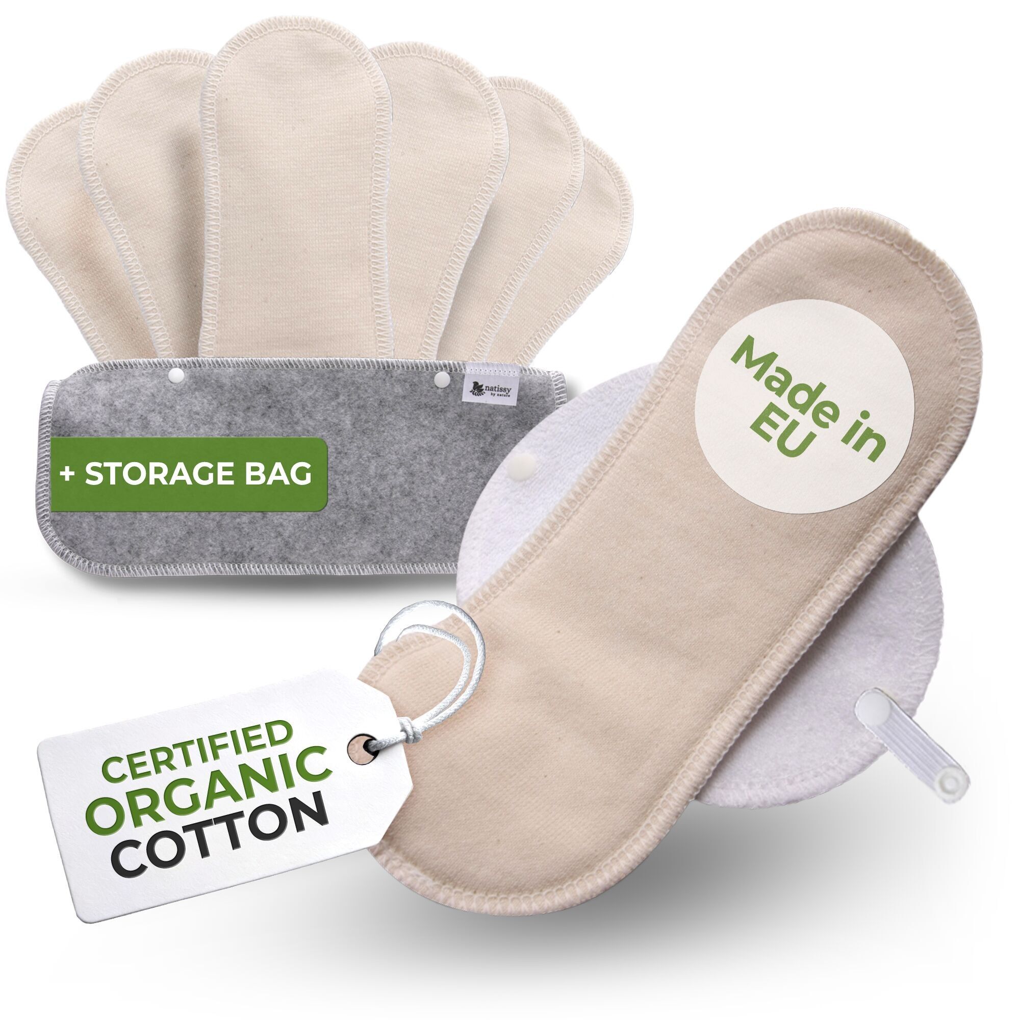 Wiederverwendbare Slipeinlagen aus Bio-Baumwolle mit Flügeln, 7er-Pack (starker Ausfluss) – Natürlich, ungebleicht (weiße Flügel)