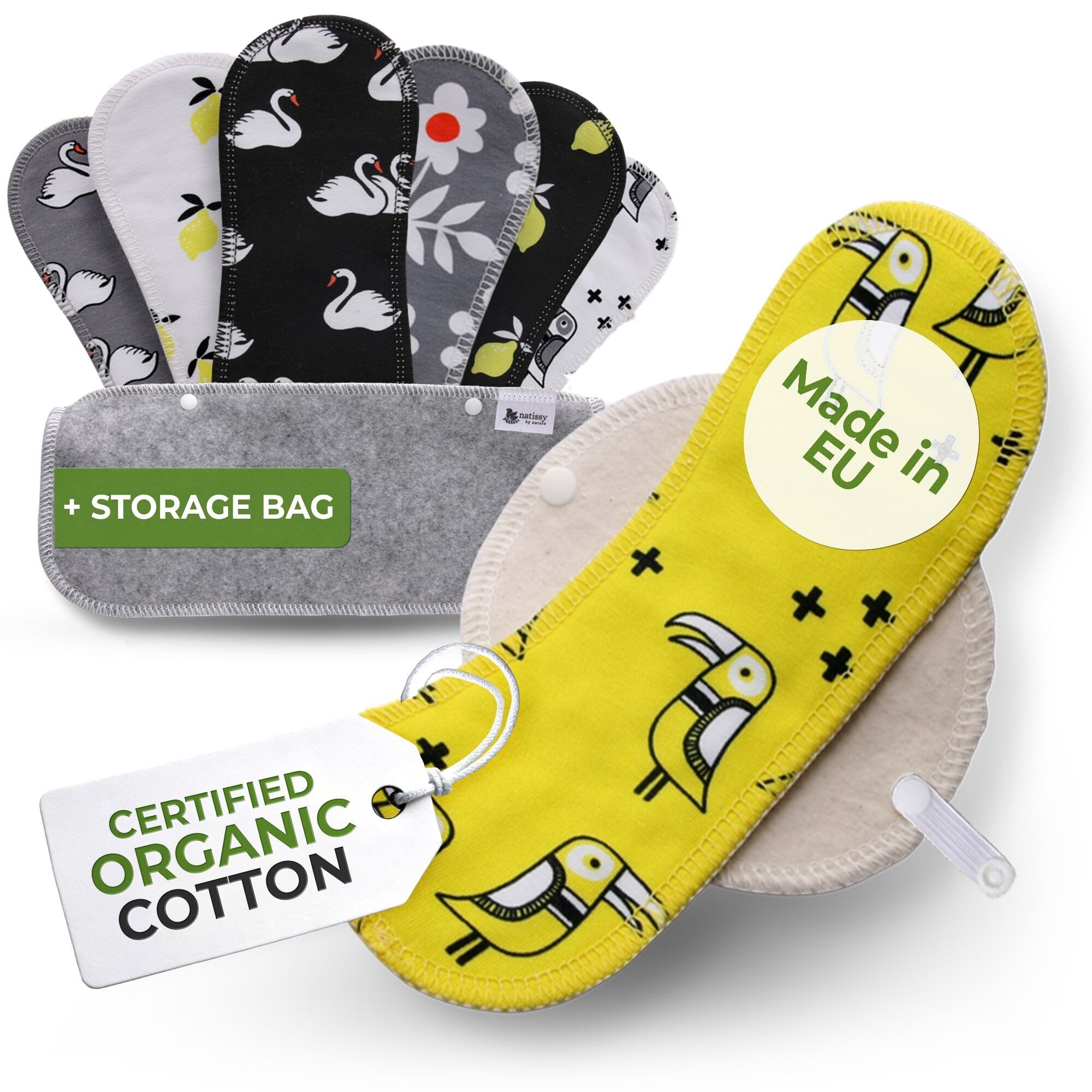 Wiederverwendbare Slipeinlagen aus Bio-Baumwolle mit Flügeln, 7er-Pack (starker Ausfluss) – Zitronen (weiße Flügel)