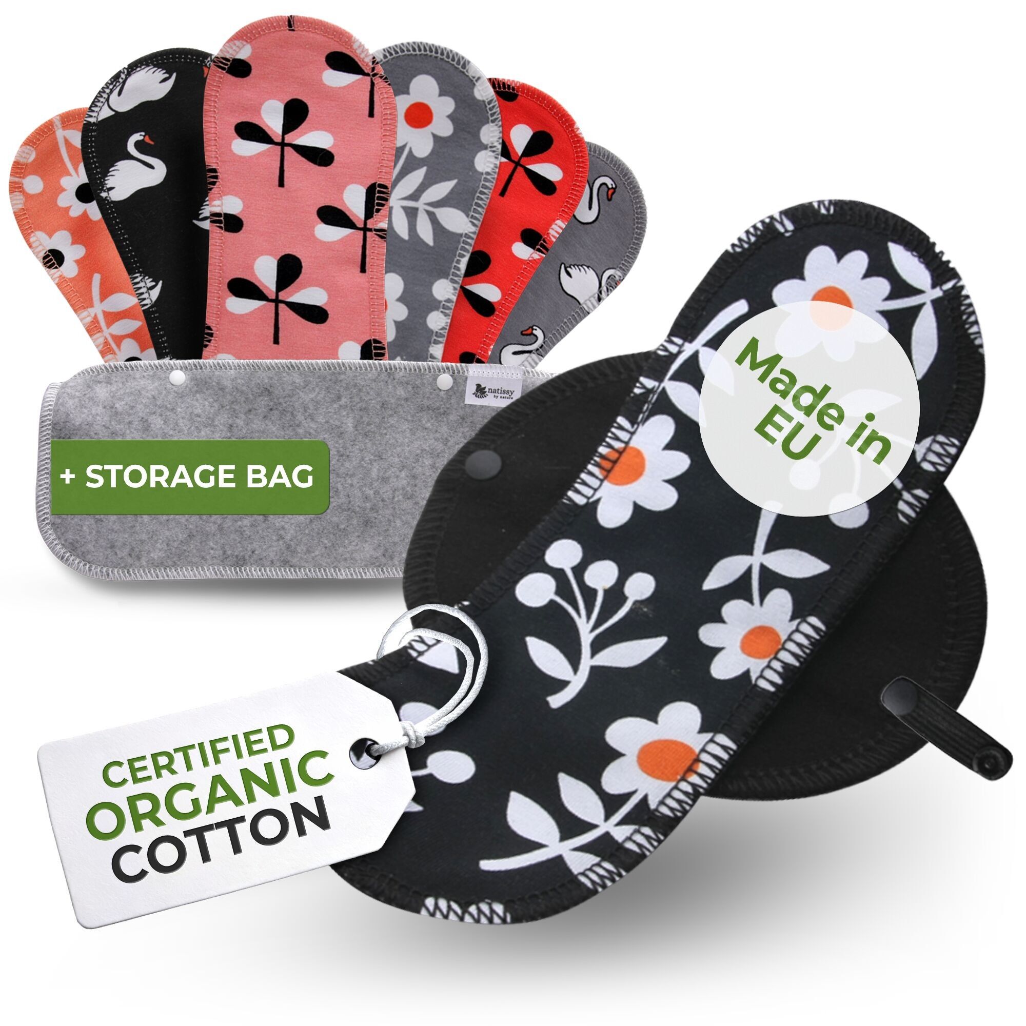 Wiederverwendbare Slipeinlagen aus Bio-Baumwolle mit Flügeln, 7er-Pack (starker Ausfluss) – Black Swan (schwarze Flügel)