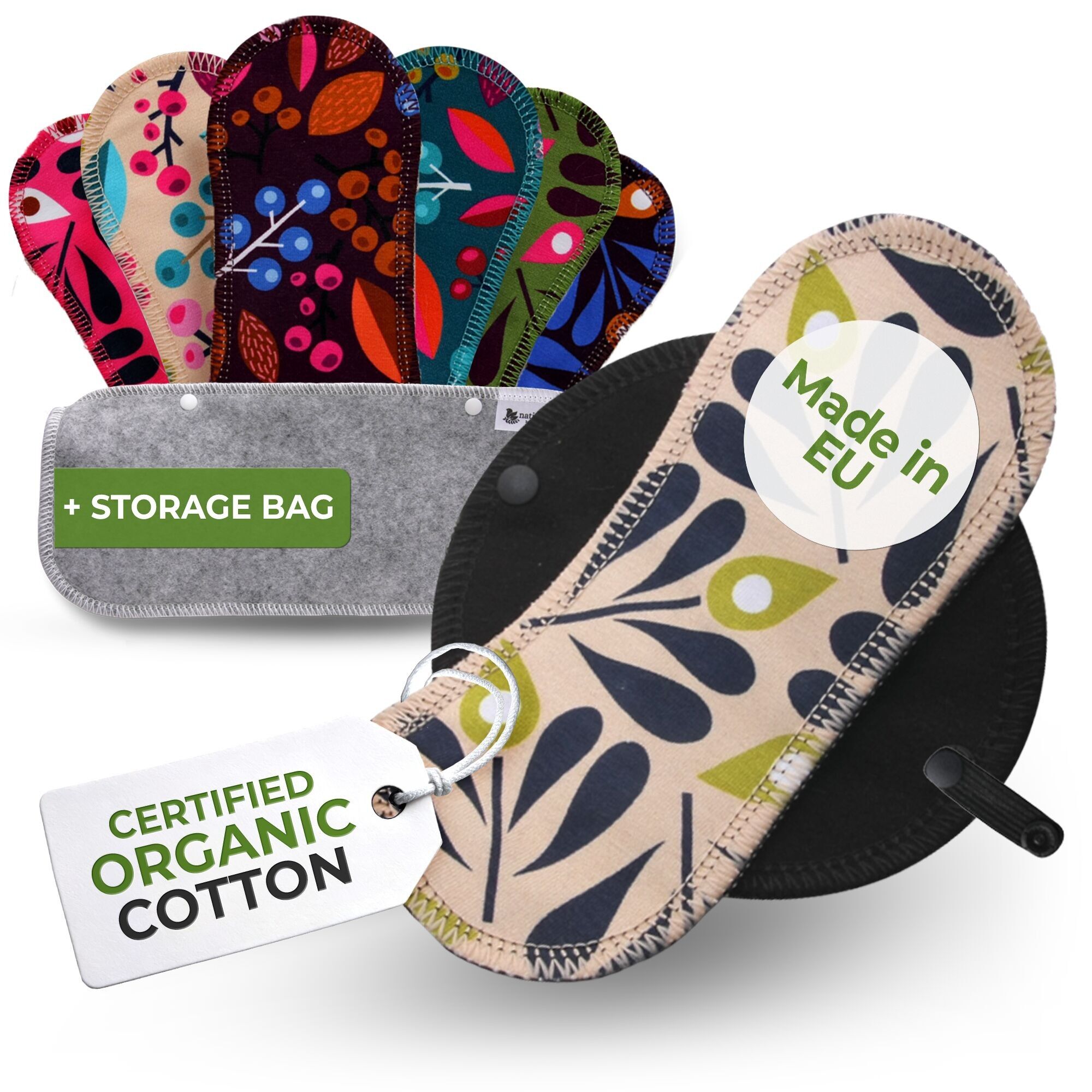 Wiederverwendbare Slipeinlagen aus Bio-Baumwolle mit Flügeln, 7er-Pack (starker Ausfluss) – Trauben & Pfau (schwarze Flügel)