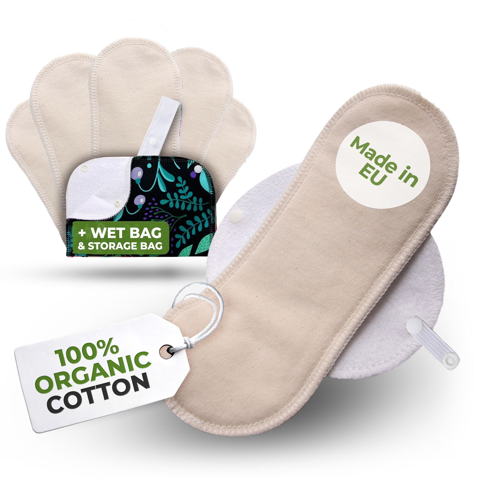 Wiederverwendbare Menstruationsbinden aus Bio-Baumwolle mit Flügeln, 6er-Pack (Größen S und M) – Natürlich, ungebleicht (weiße Flügel)