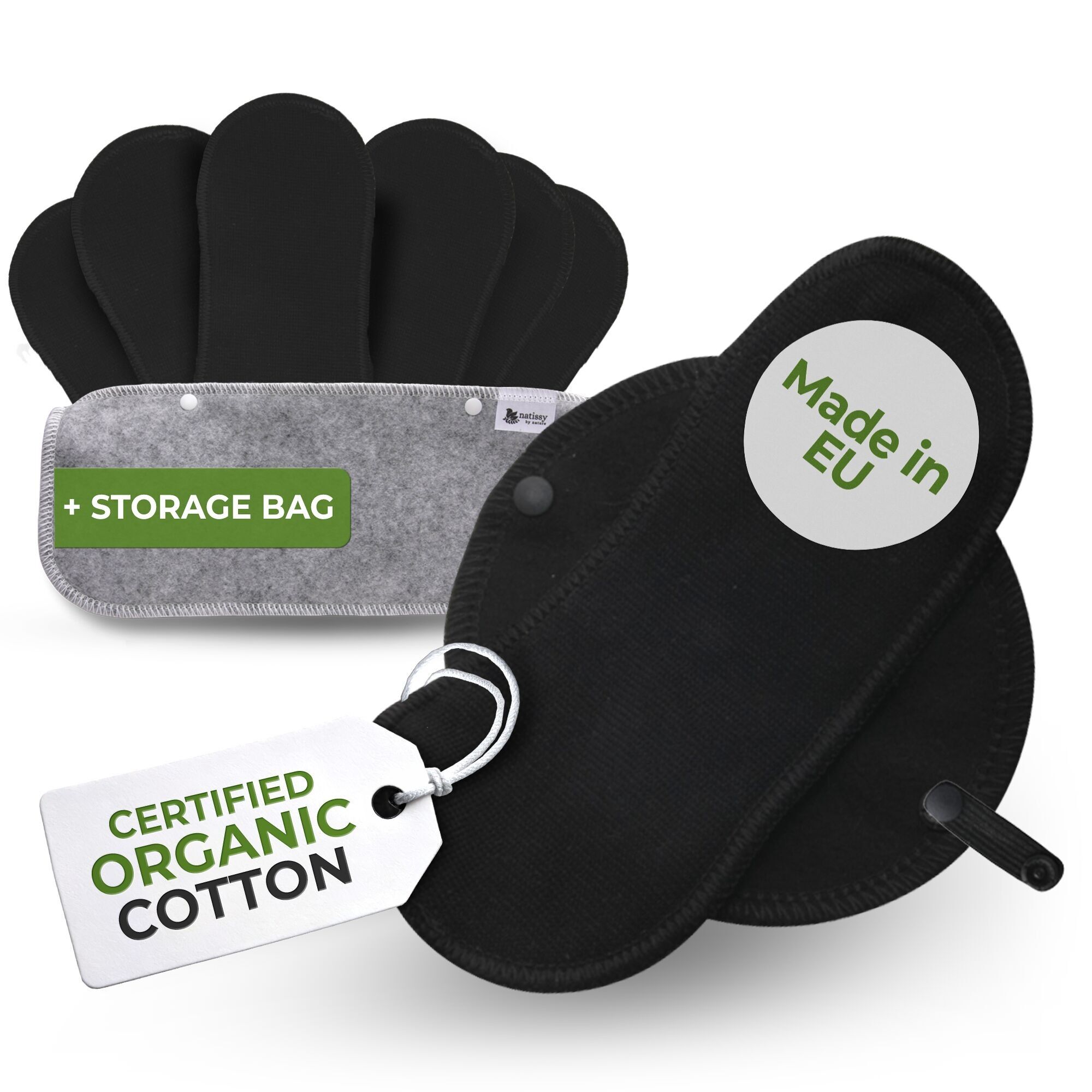 Wiederverwendbare Slipeinlagen aus Bio-Baumwolle mit Flügeln, 7er-Pack (normaler Ausfluss) – Solid Black (schwarze Flügel)