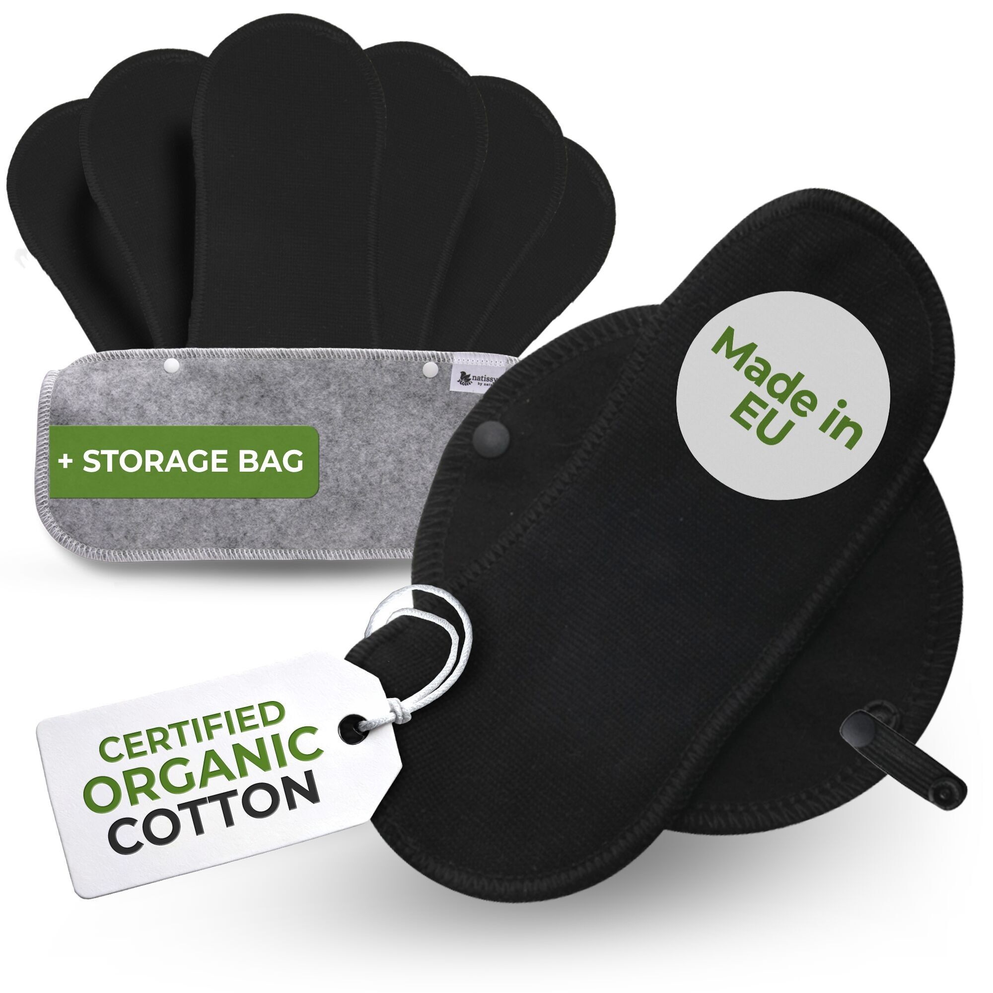 Wiederverwendbare Slipeinlagen aus Bio-Baumwolle mit Flügeln, 7er-Pack (starker Ausfluss) – Bio-Baumwolle (schwarze Flügel)
