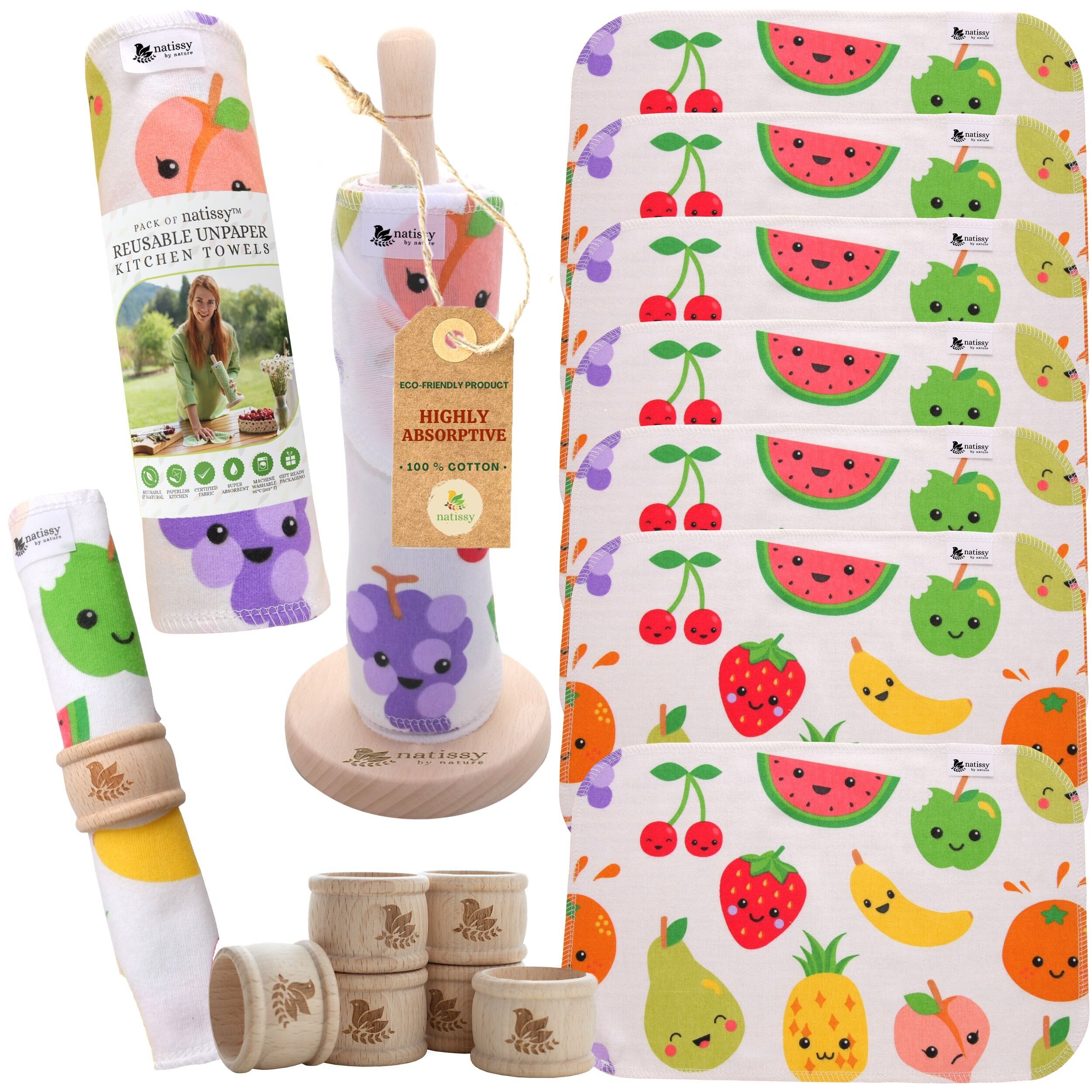 Wiederverwendbare papierlose Küchentücher, zertifizierte Baumwolle, 10er-Rolle – Vitamine