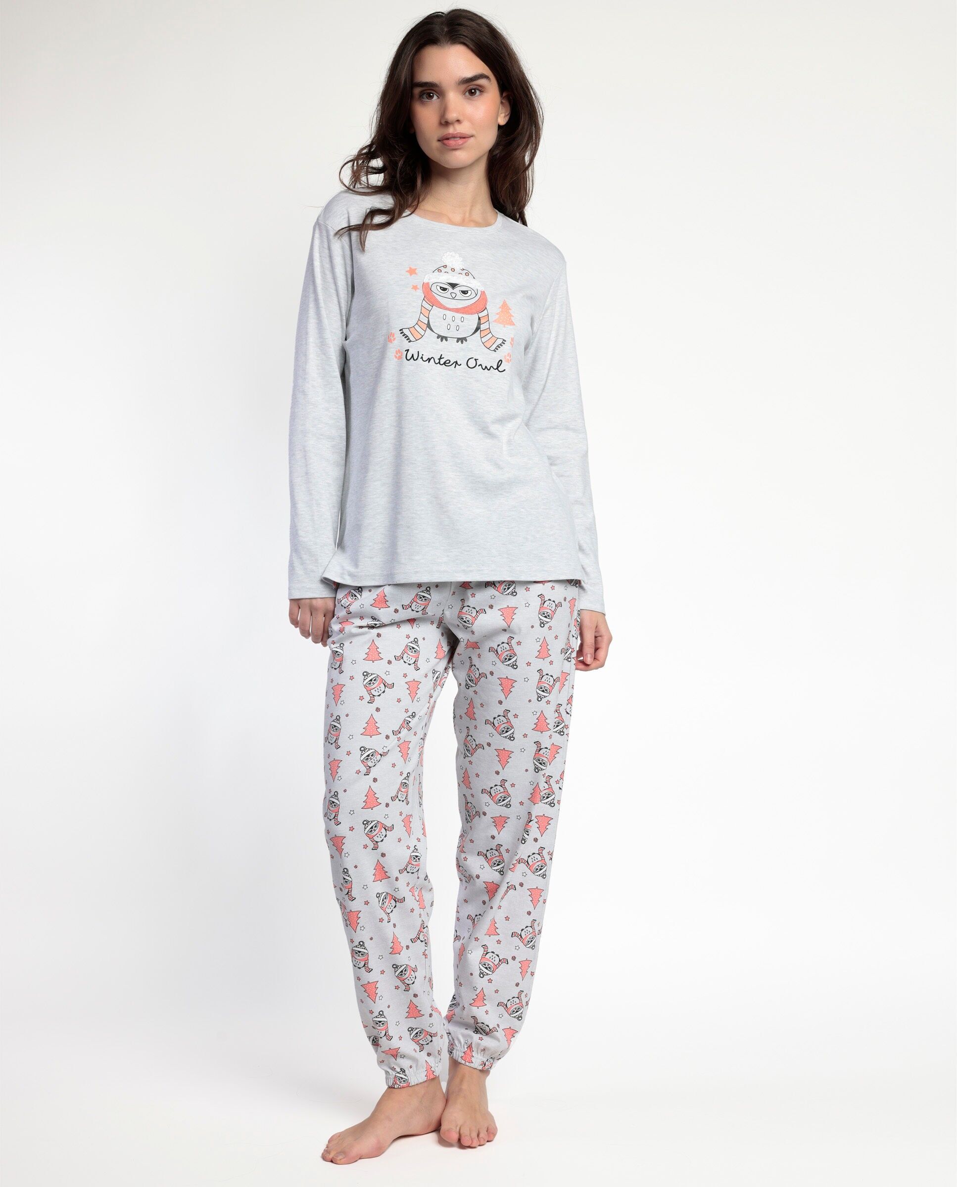 ADMAS Damen-Winterpyjama mit langen Ärmeln und Eulenmotiv