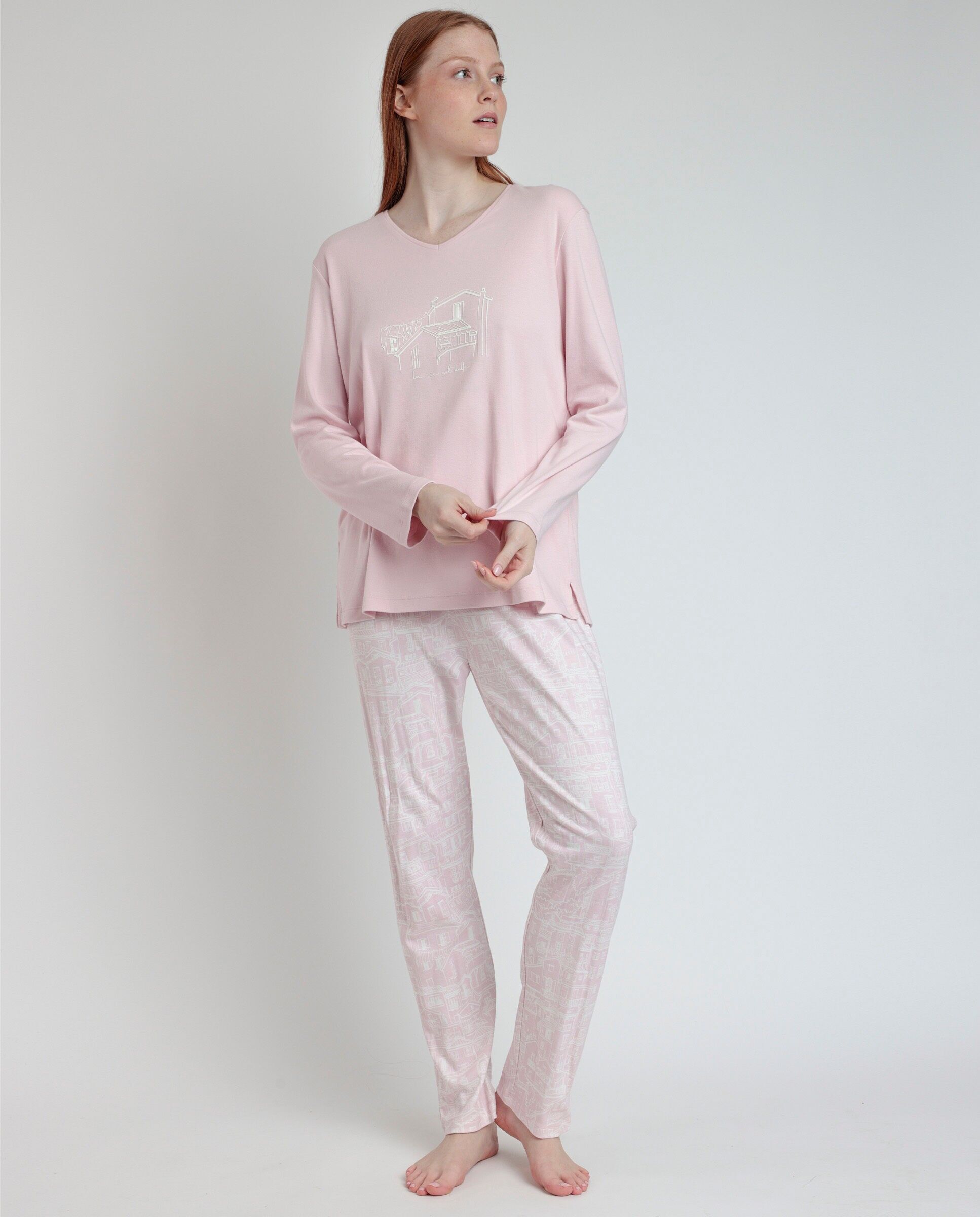 ADMAS Damen-Pyjama „La Vie Est Belle“ mit langen Ärmeln und V-Ausschnitt