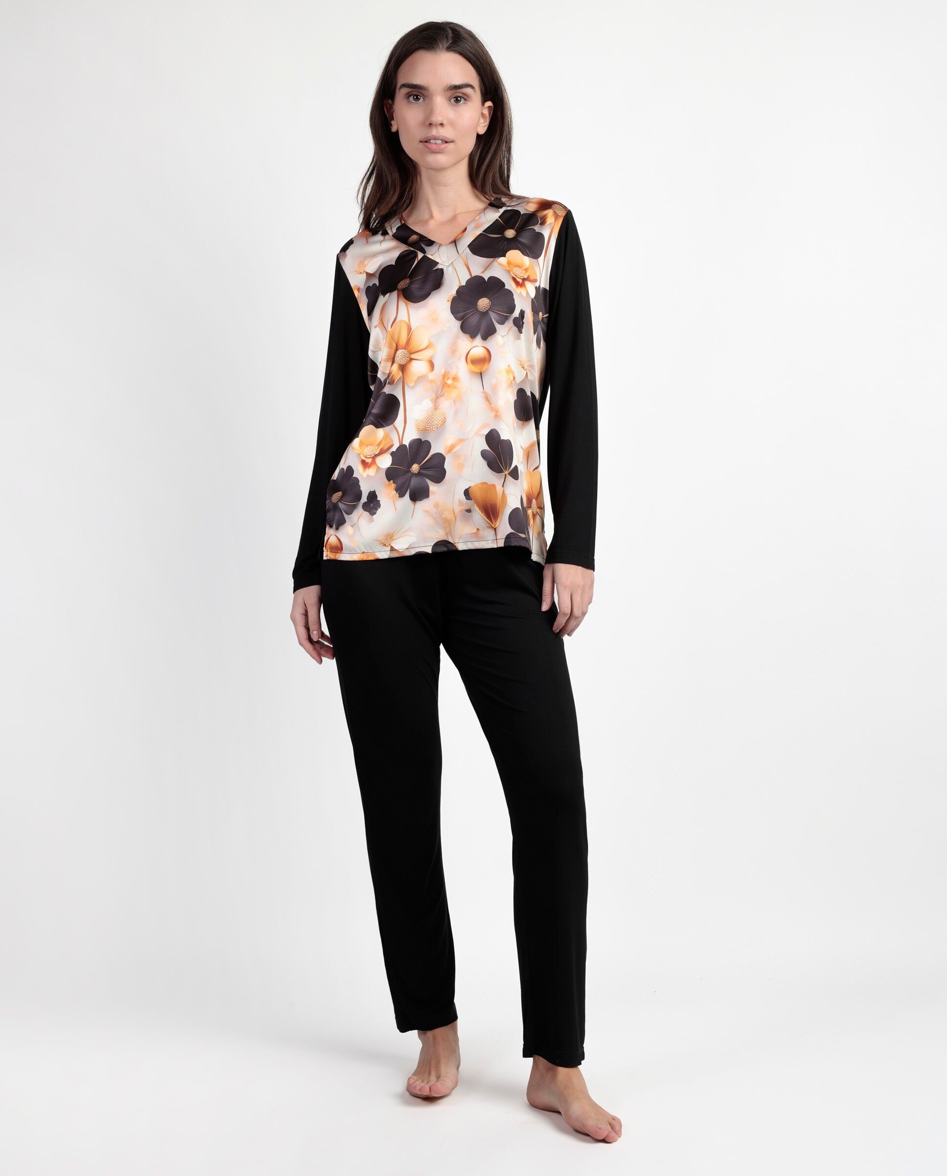 ADMAS LUXURY Damen-Pyjama mit langen Ärmeln und Blumenmuster