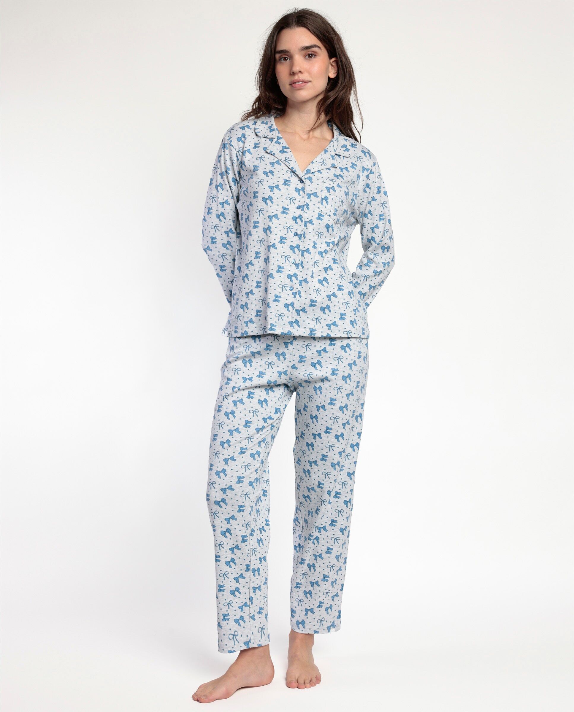 ADMAS Damen-Pyjama mit langen Ärmeln, offen, kokett