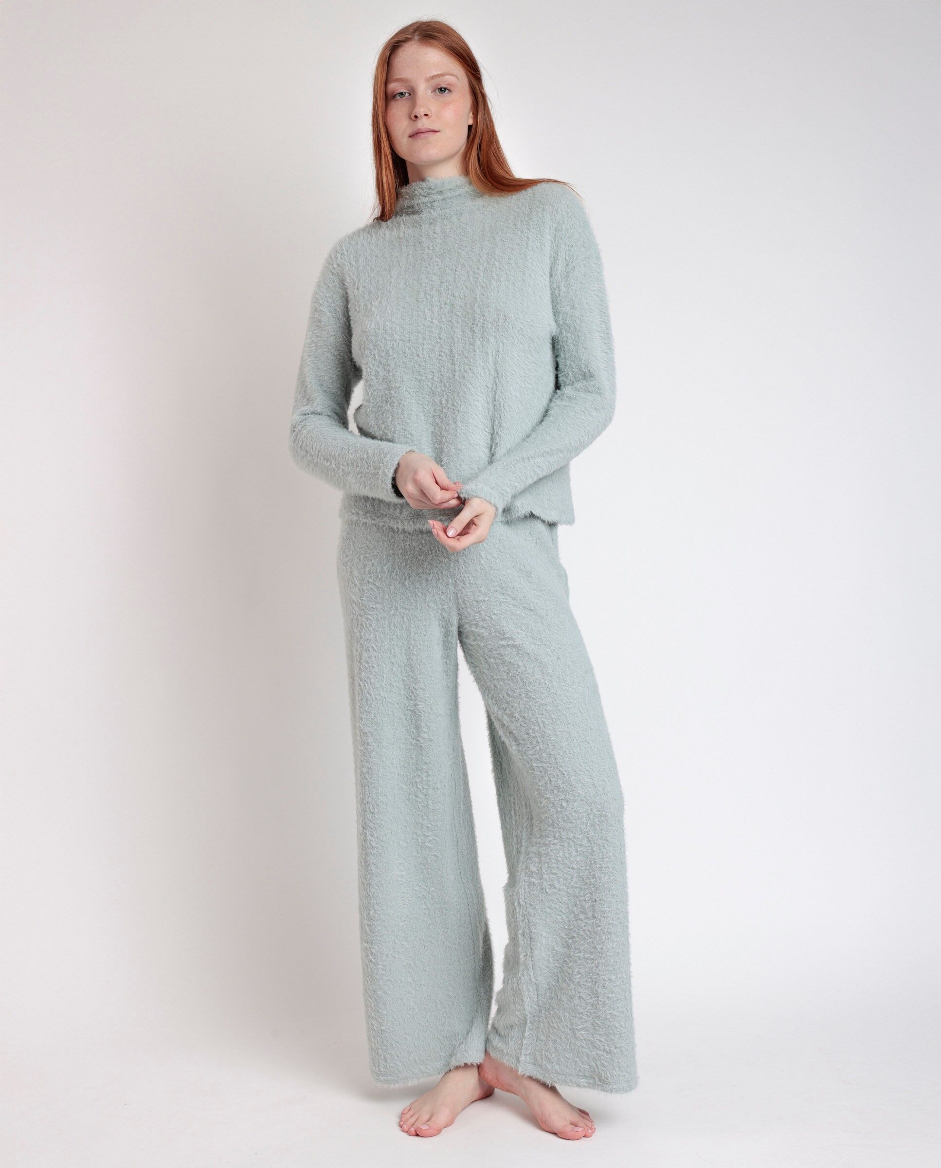 ADMAS HOME Damen-Pyjama mit langen Ärmeln und Pelzbesatz