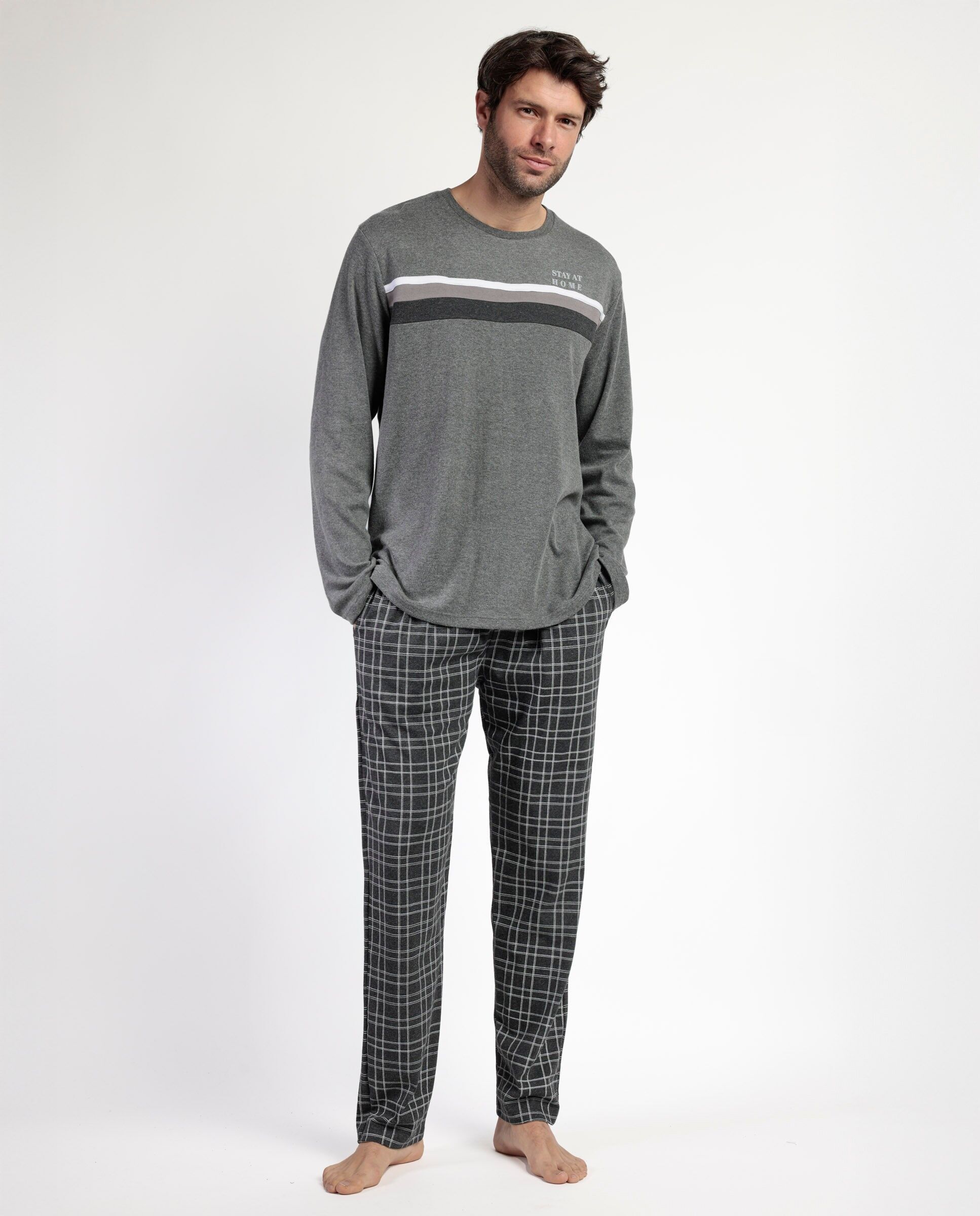 STAY AT HOME Herren-Langarmpyjama in Ebenholz