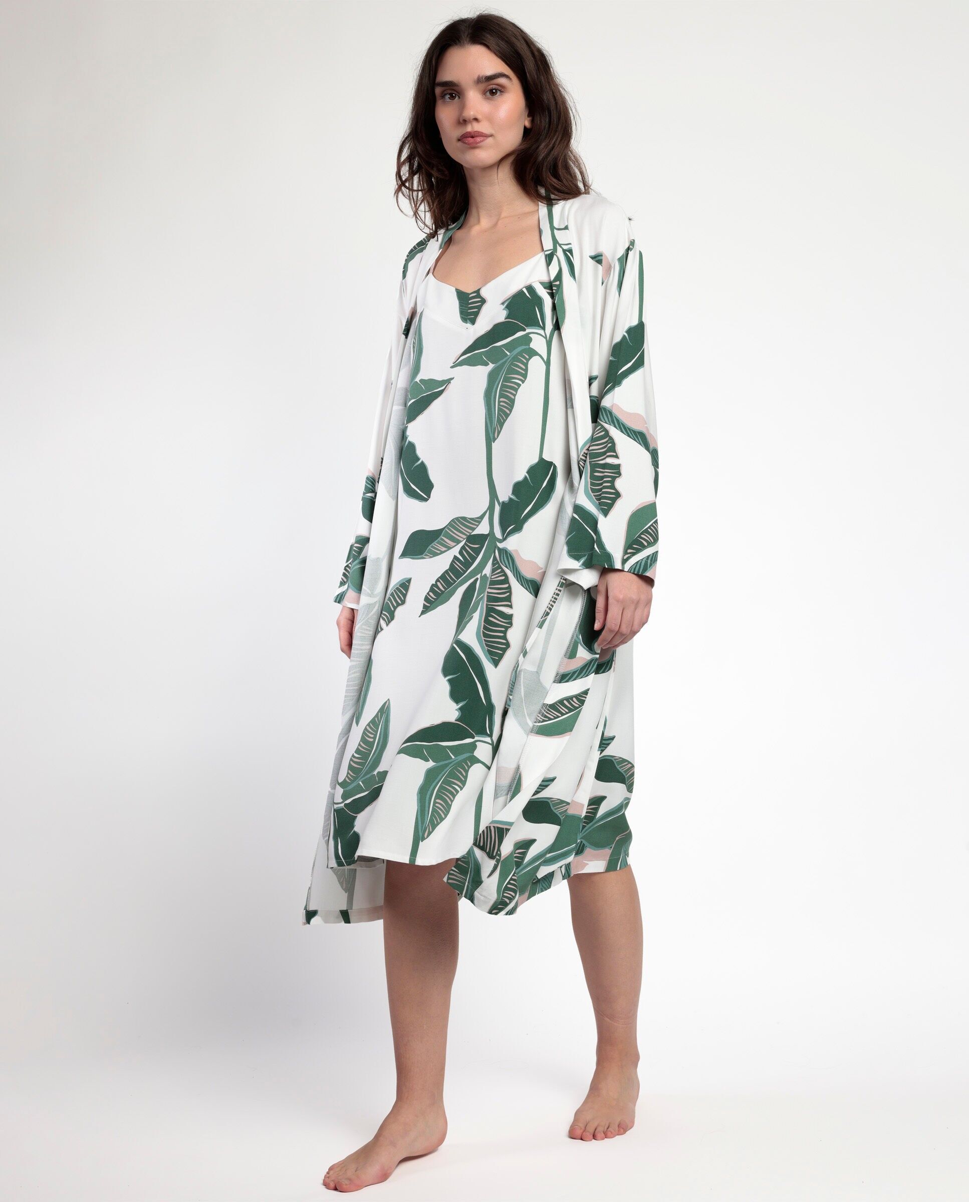 ADMAS LUXURY Luxus-Bademantel aus Popeline mit langen Ärmeln und Blättern für ...