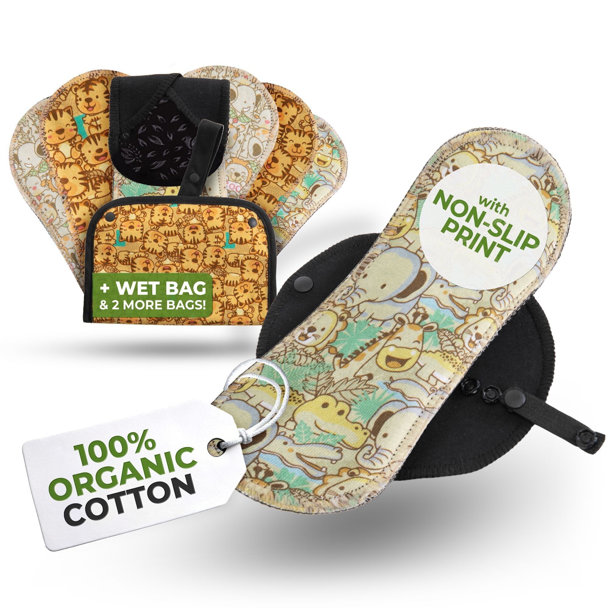 Salvaslip antiscivolo riutilizzabili per ragazze adolescenti (piccoli, confezione da 7) - Safari