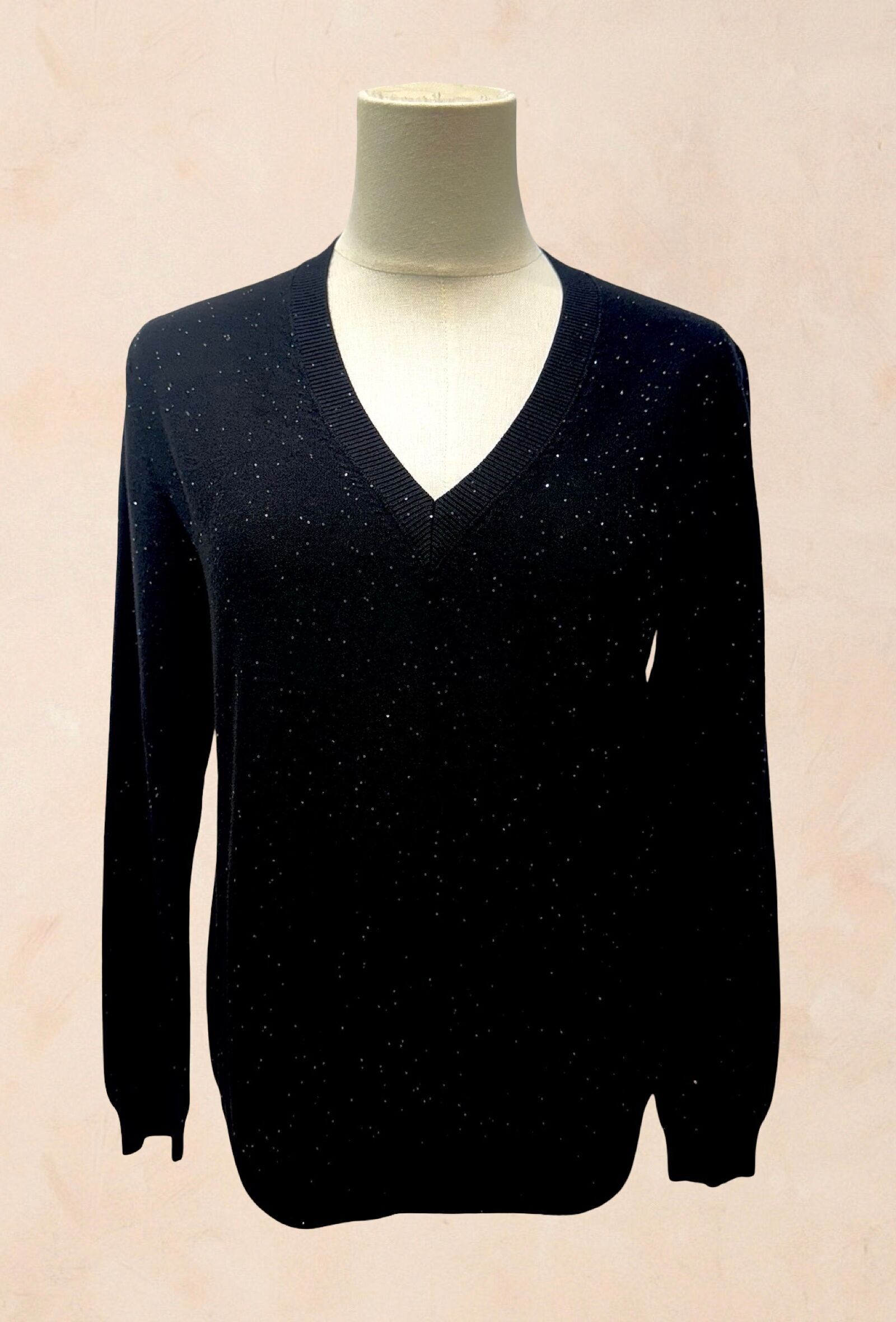 Suéter negro de cuello en V – Punto fino con lentejuelas discretas - VISCOSA - 477ABC