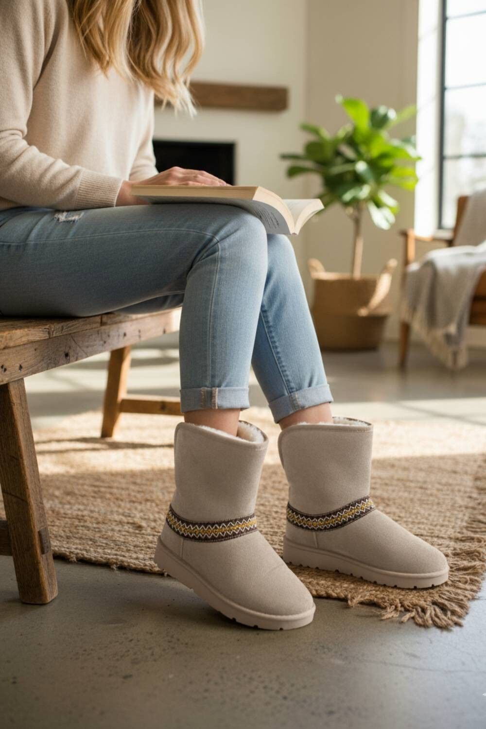 STIVALI RIPIEGATI IN CAMMELLO CON DETTAGLIO AZTECO RICAMATO, INTERAMENTE FODERATI IN PELLICCIA (CONFEZIONE DA 12 PAIA, TAGLIA UK3-UK8)