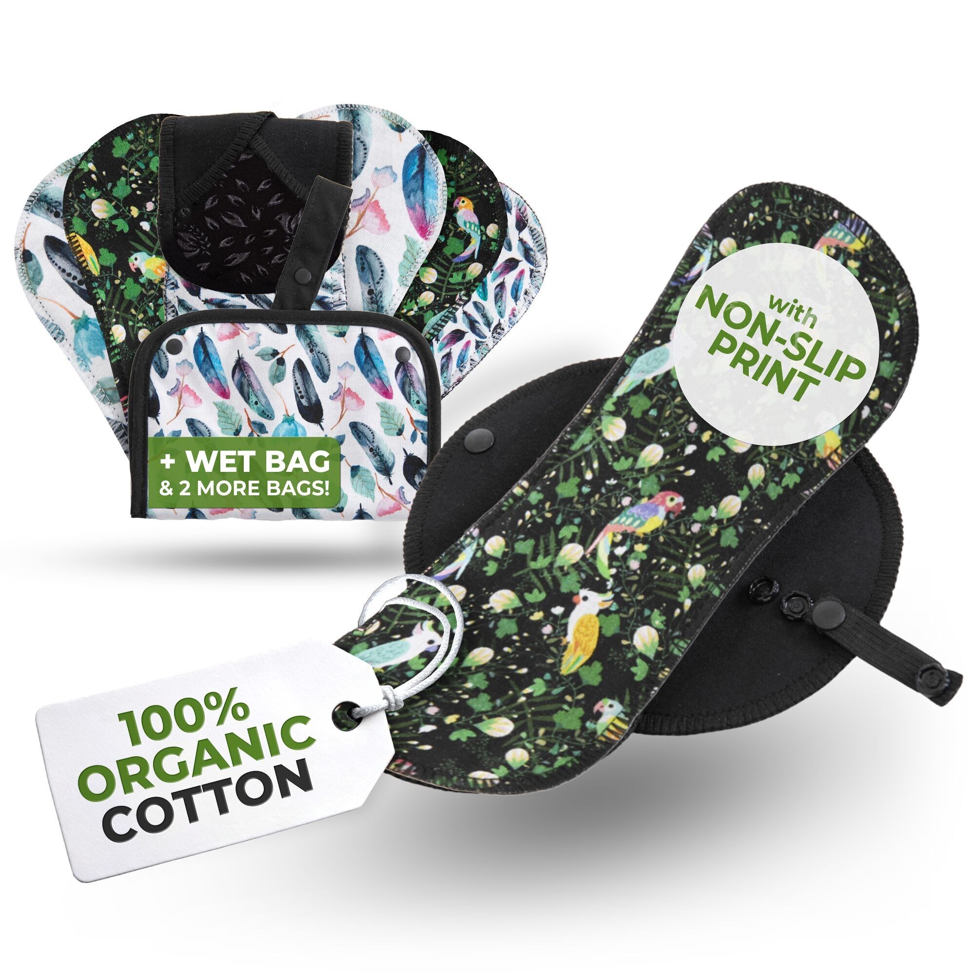 Salvaslip antiscivolo riutilizzabili per ragazze adolescenti (piccoli, confezione da 7) - Feathers